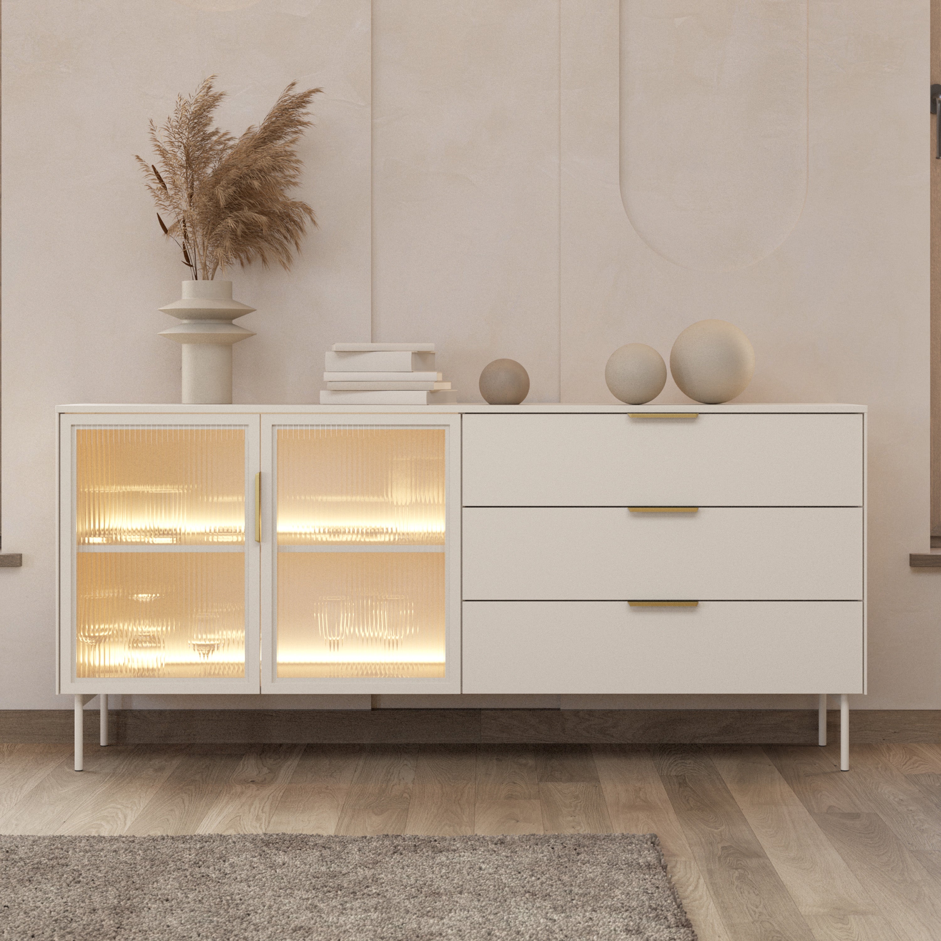Zweiturige Vitrine Lumi mit drei Schubladen und LED-Beleuchtung, 181 cm, Kaschmir