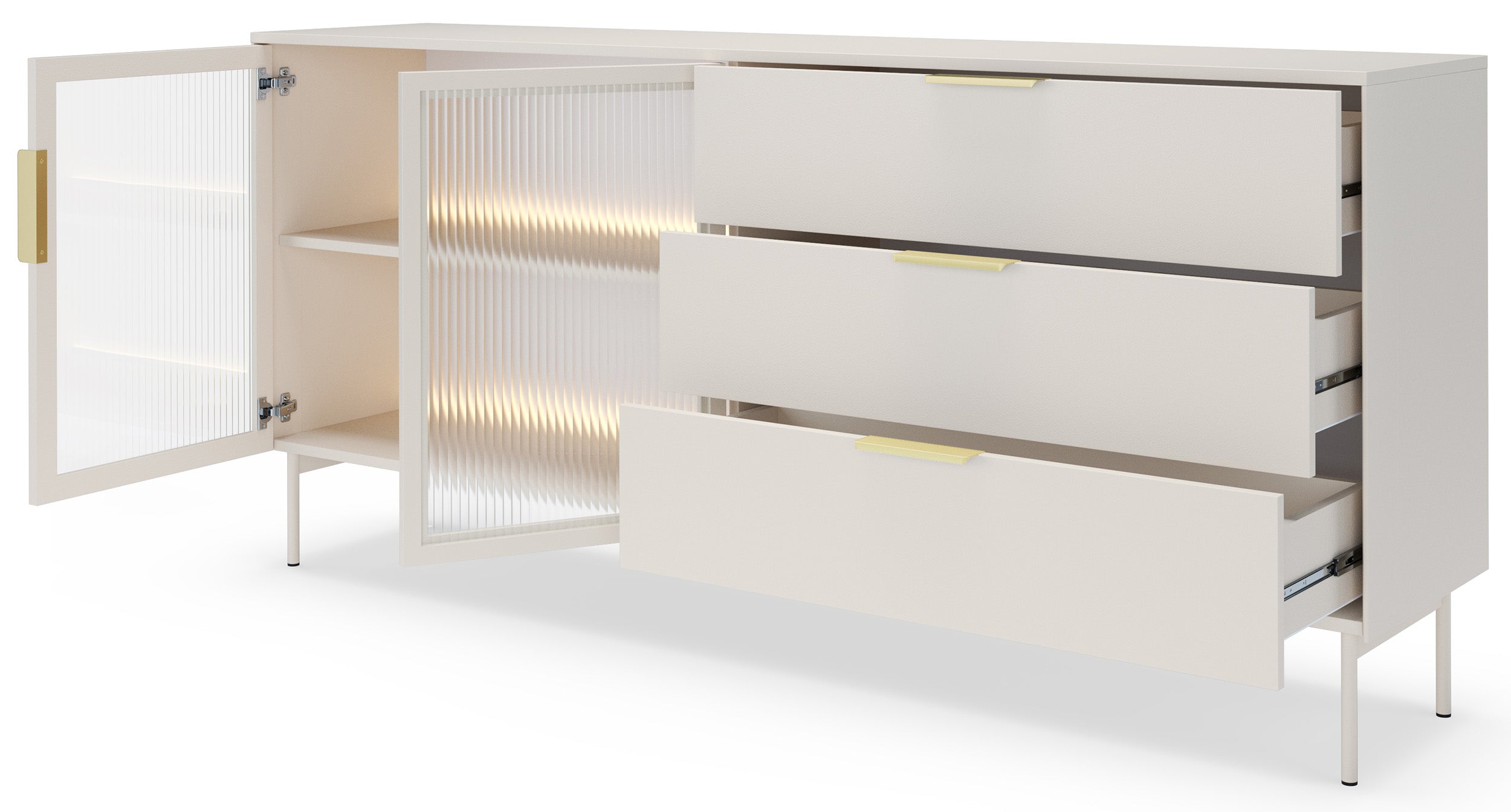 Zweiturige Vitrine Lumi mit drei Schubladen und LED-Beleuchtung, 181 cm, Kaschmir