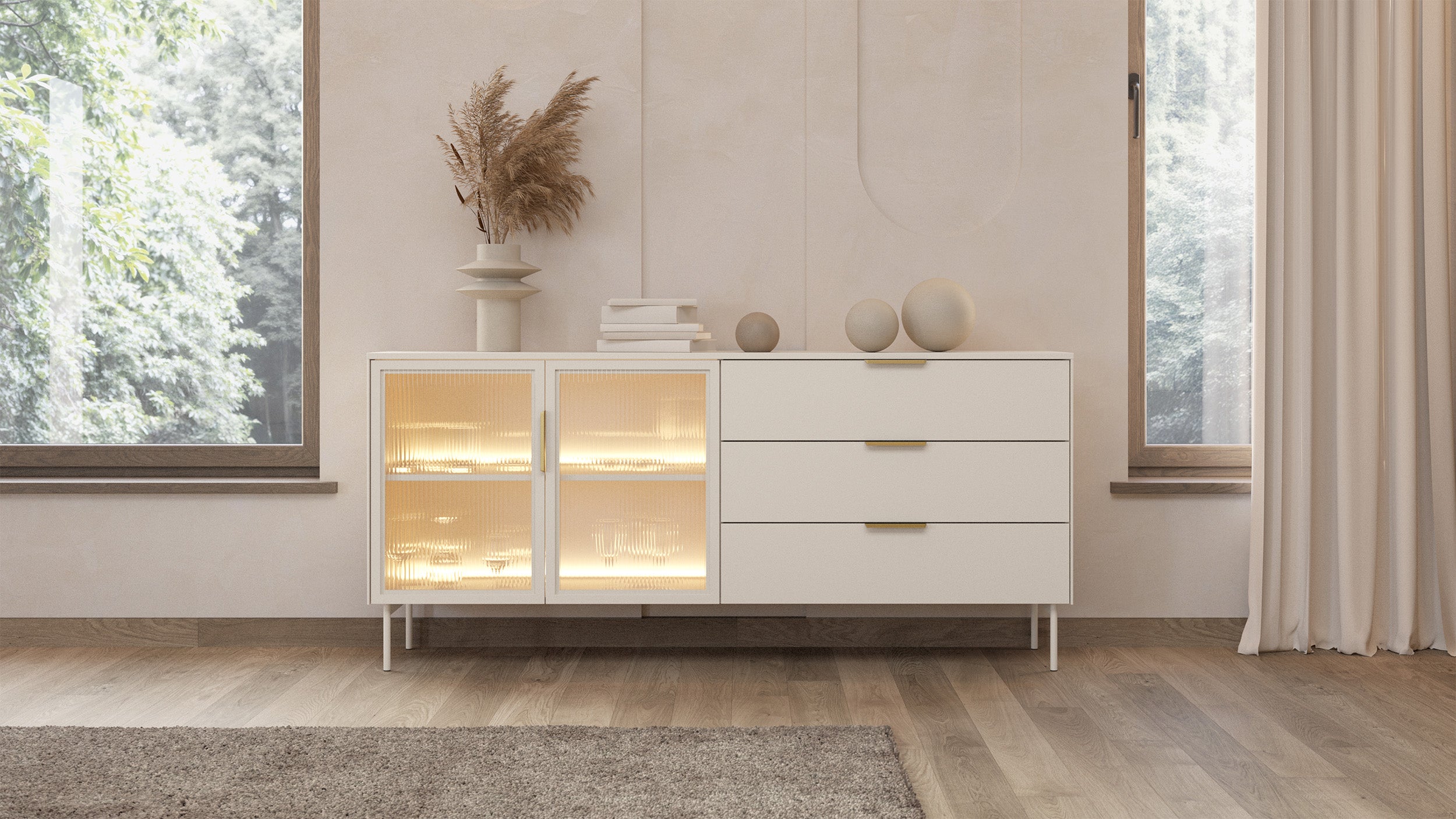 Zweiturige Vitrine Lumi mit drei Schubladen und LED-Beleuchtung, 181 cm, Kaschmir