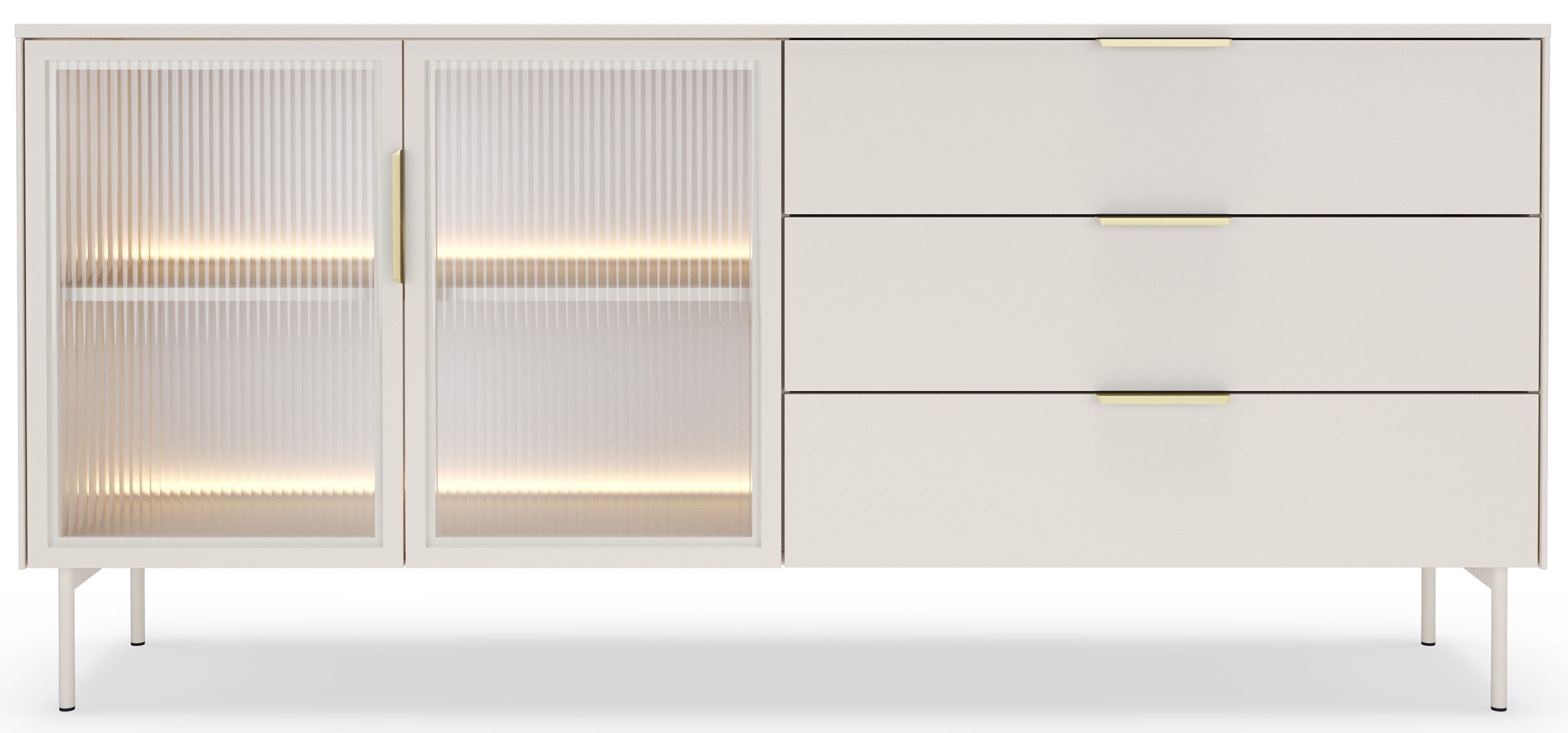 Zweiturige Vitrine Lumi mit drei Schubladen und LED-Beleuchtung, 181 cm, Kaschmir