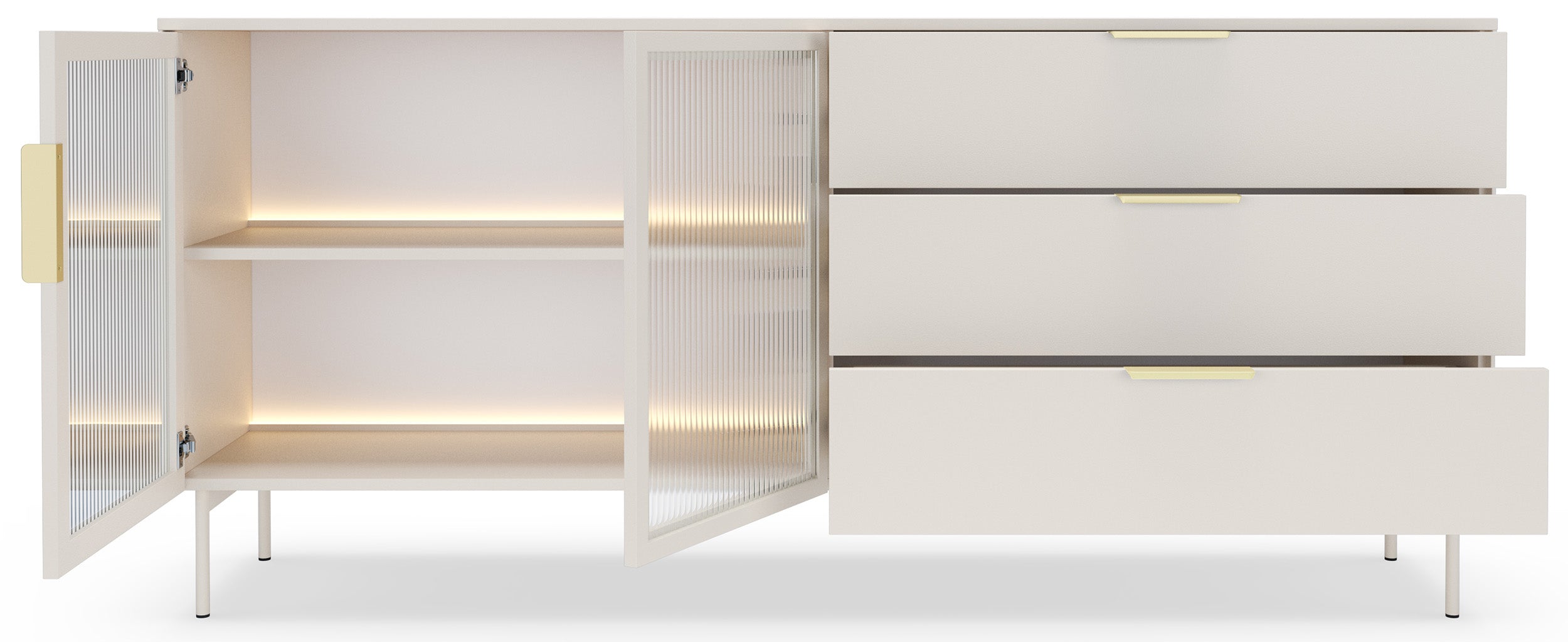 Zweiturige Vitrine Lumi mit drei Schubladen und LED-Beleuchtung, 181 cm, Kaschmir