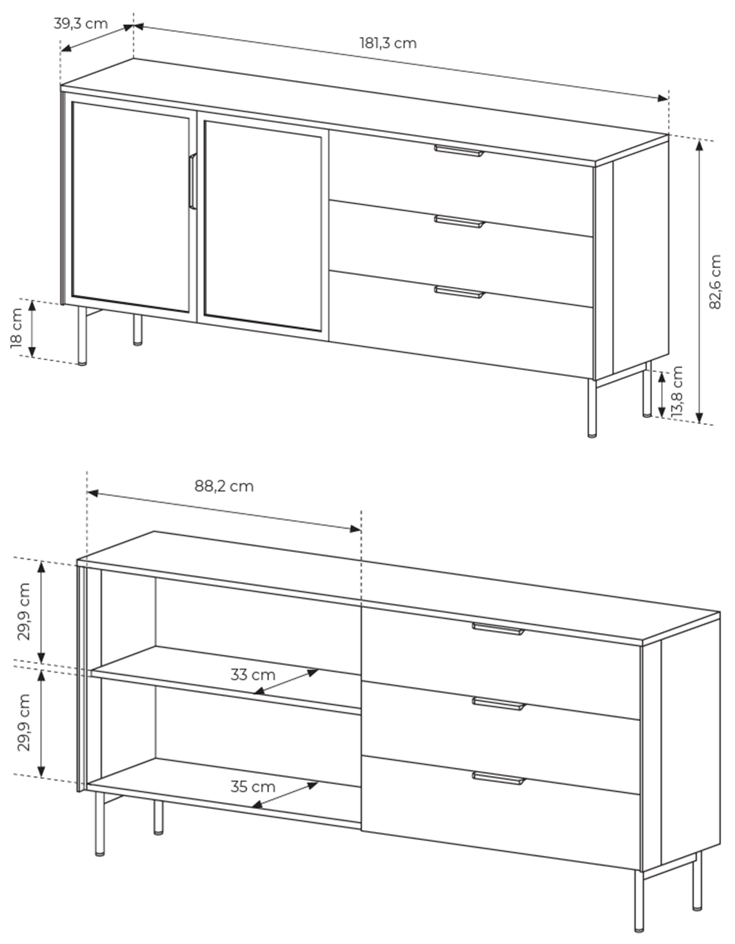 Zweiturige Vitrine Lumi mit drei Schubladen und LED-Beleuchtung, 181 cm, Kaschmir
