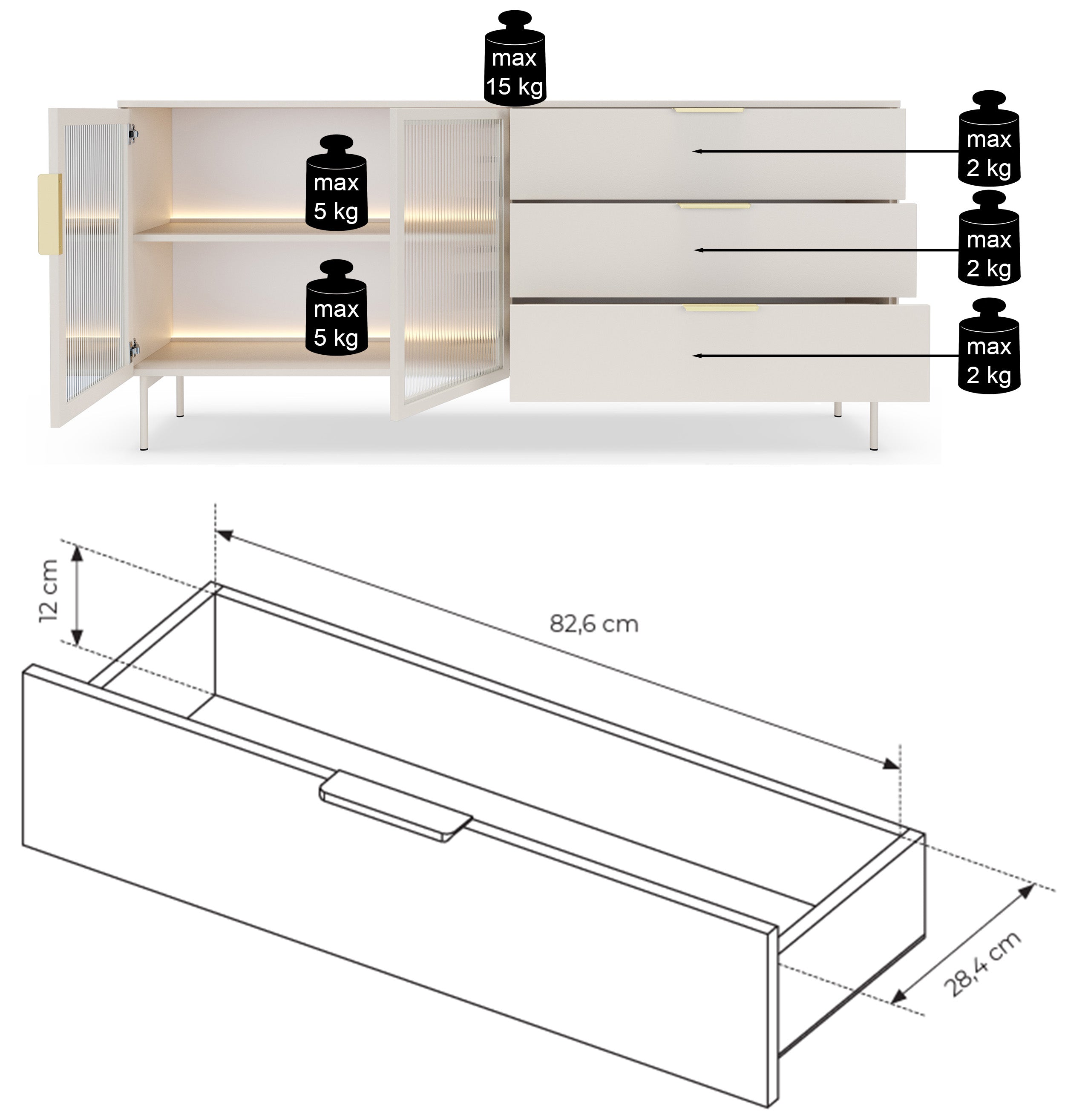 Zweiturige Vitrine Lumi mit drei Schubladen und LED-Beleuchtung, 181 cm, Kaschmir