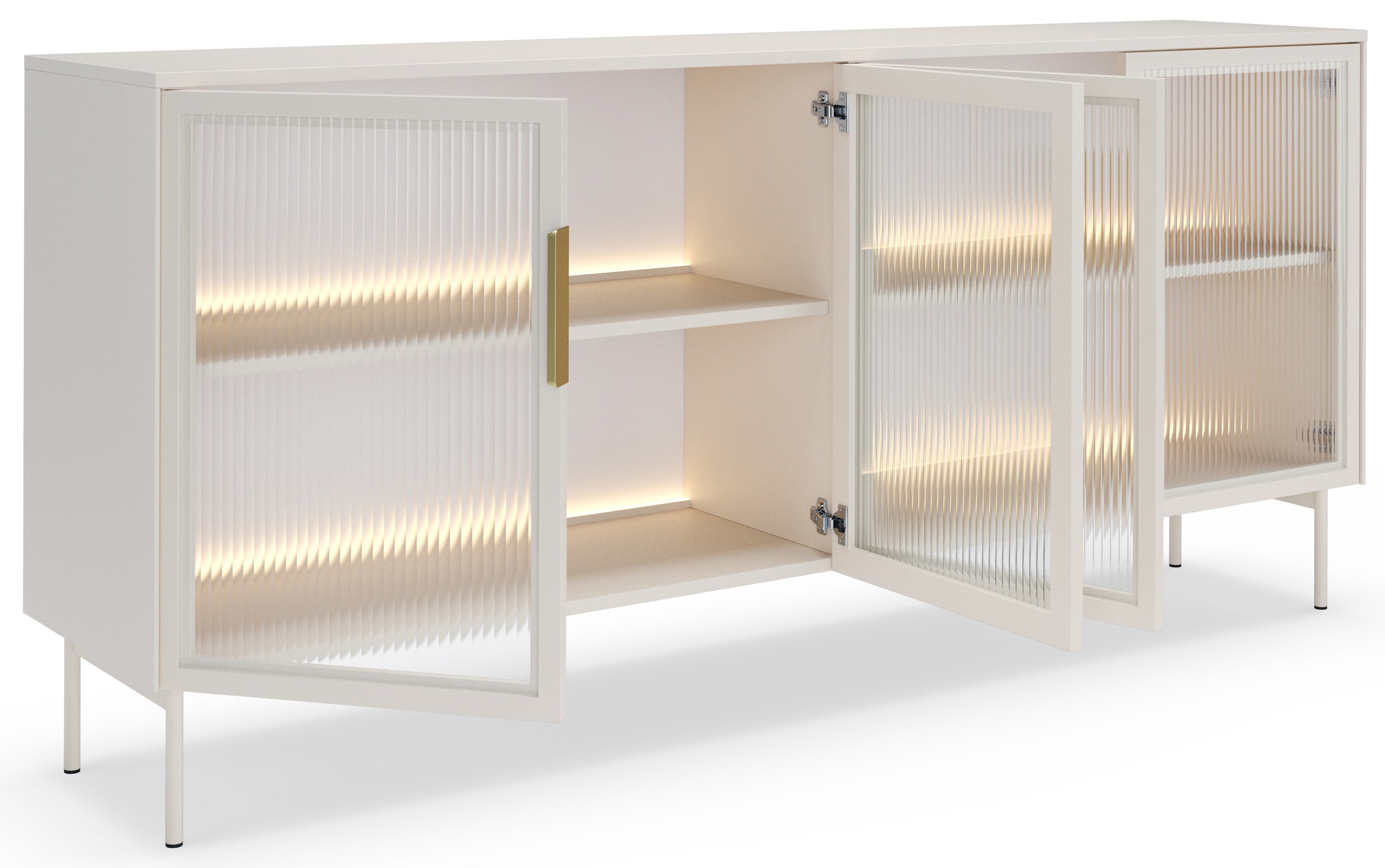 Vierteilige Glaskommode Lumi mit LED-Beleuchtung, 181 cm, Kaschmirfarben