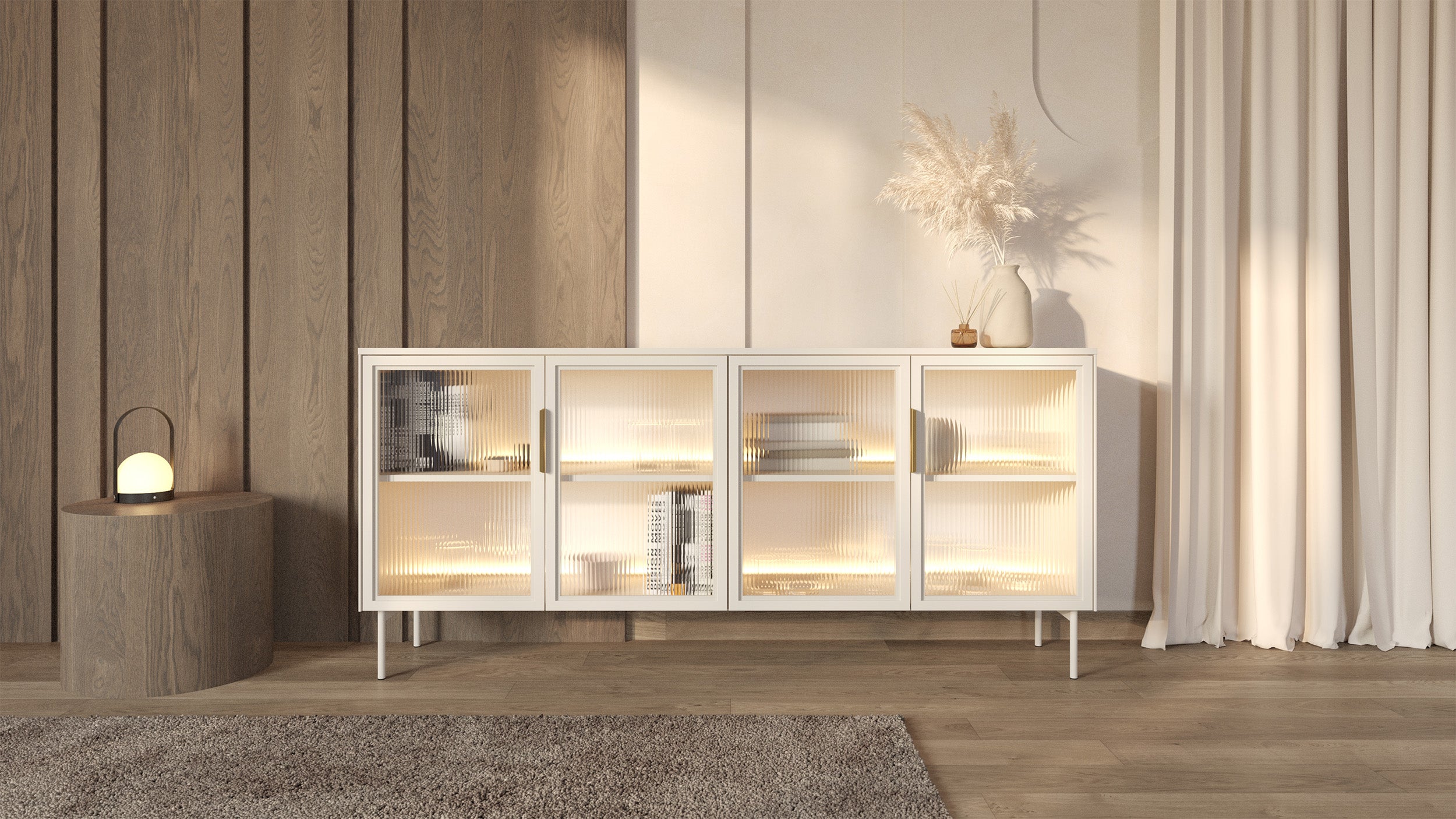 Vierteilige Glaskommode Lumi mit LED-Beleuchtung, 181 cm, Kaschmirfarben