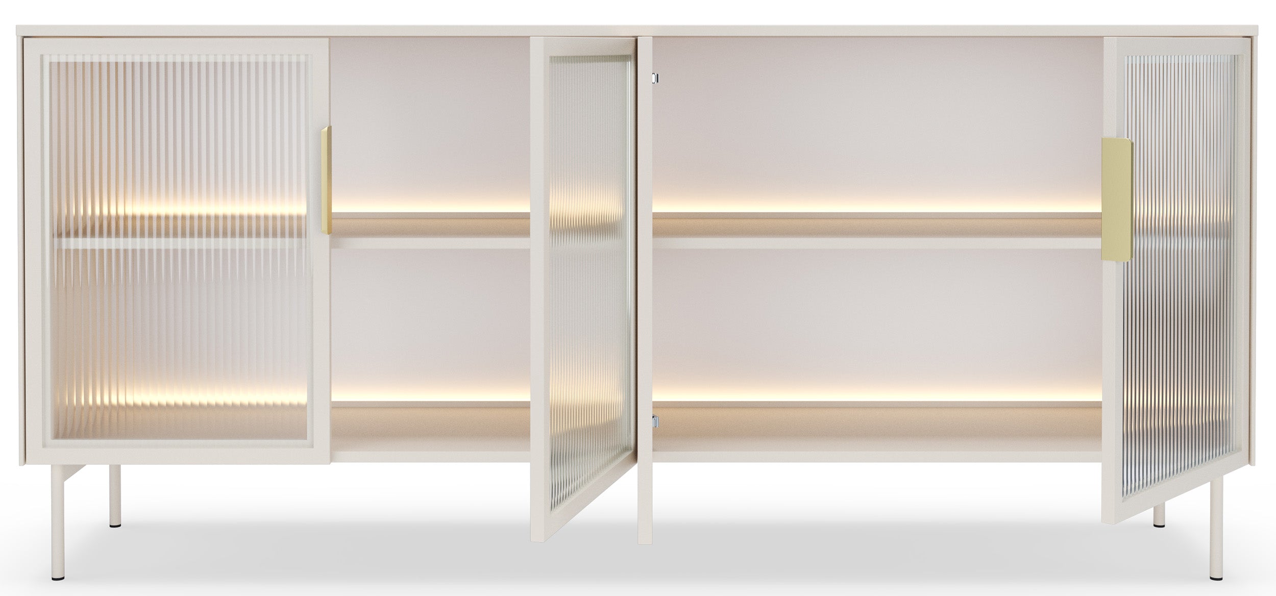 Vierteilige Glaskommode Lumi mit LED-Beleuchtung, 181 cm, Kaschmirfarben