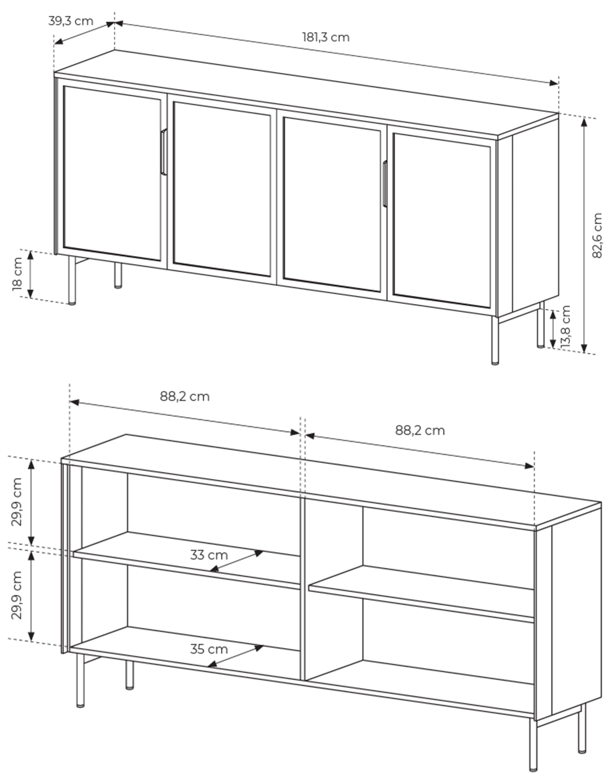 Vierteilige Glaskommode Lumi mit LED-Beleuchtung, 181 cm, Kaschmirfarben