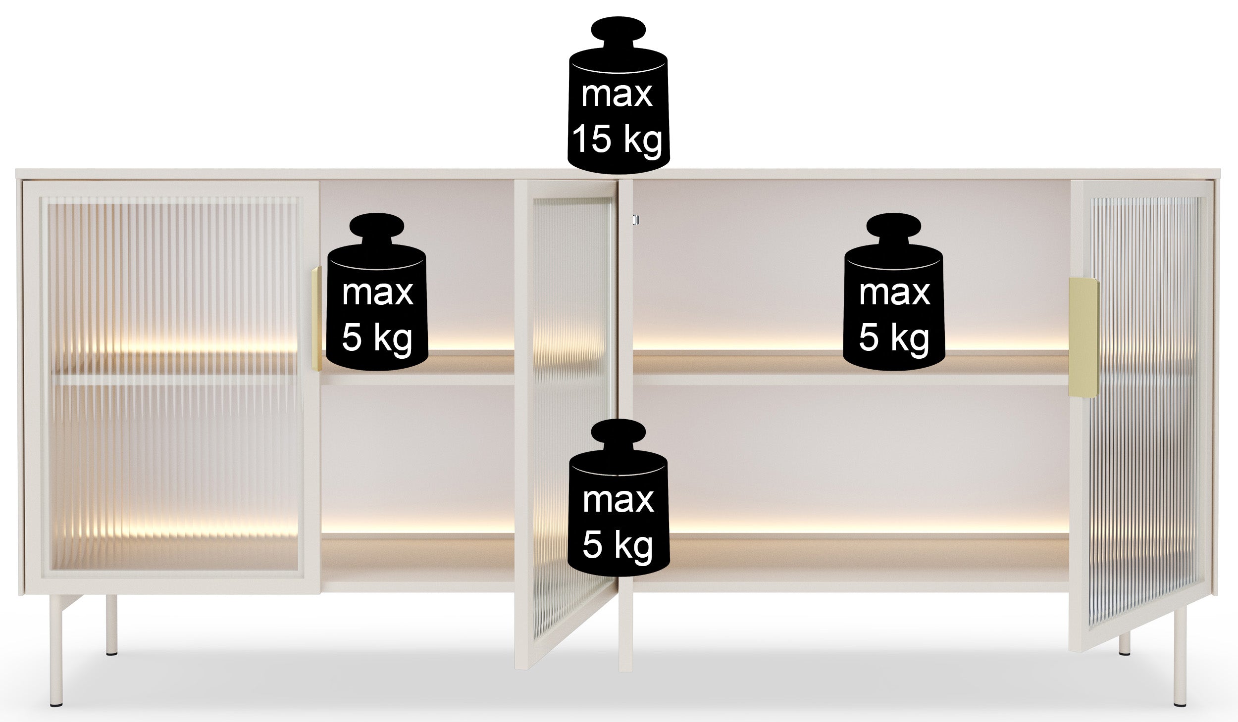 Vierteilige Glaskommode Lumi mit LED-Beleuchtung, 181 cm, Kaschmirfarben