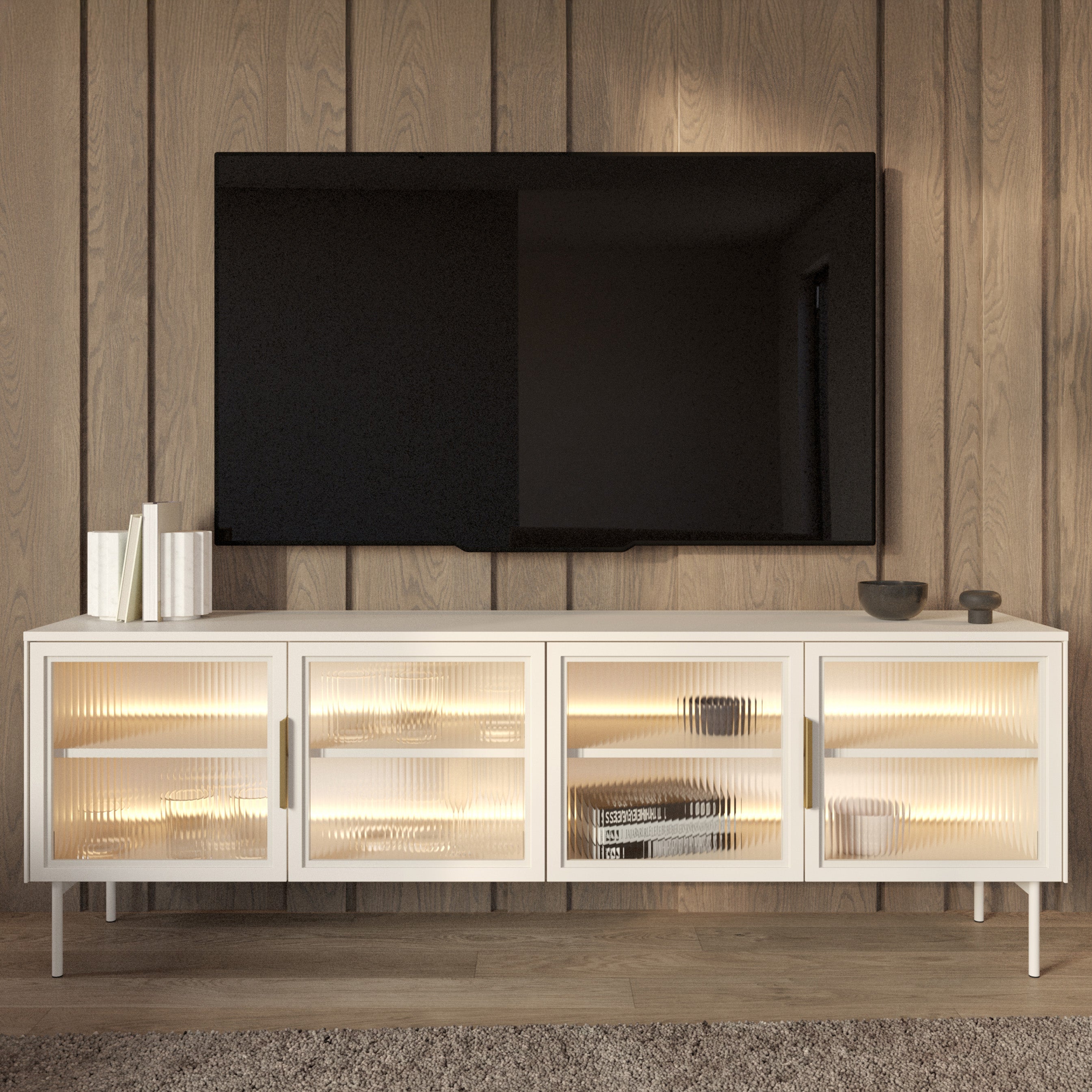 Vierflügeliger TV-Schrank Lumi mit Glastüren und LED-Beleuchtung, 181 cm, Kaschmirfarben