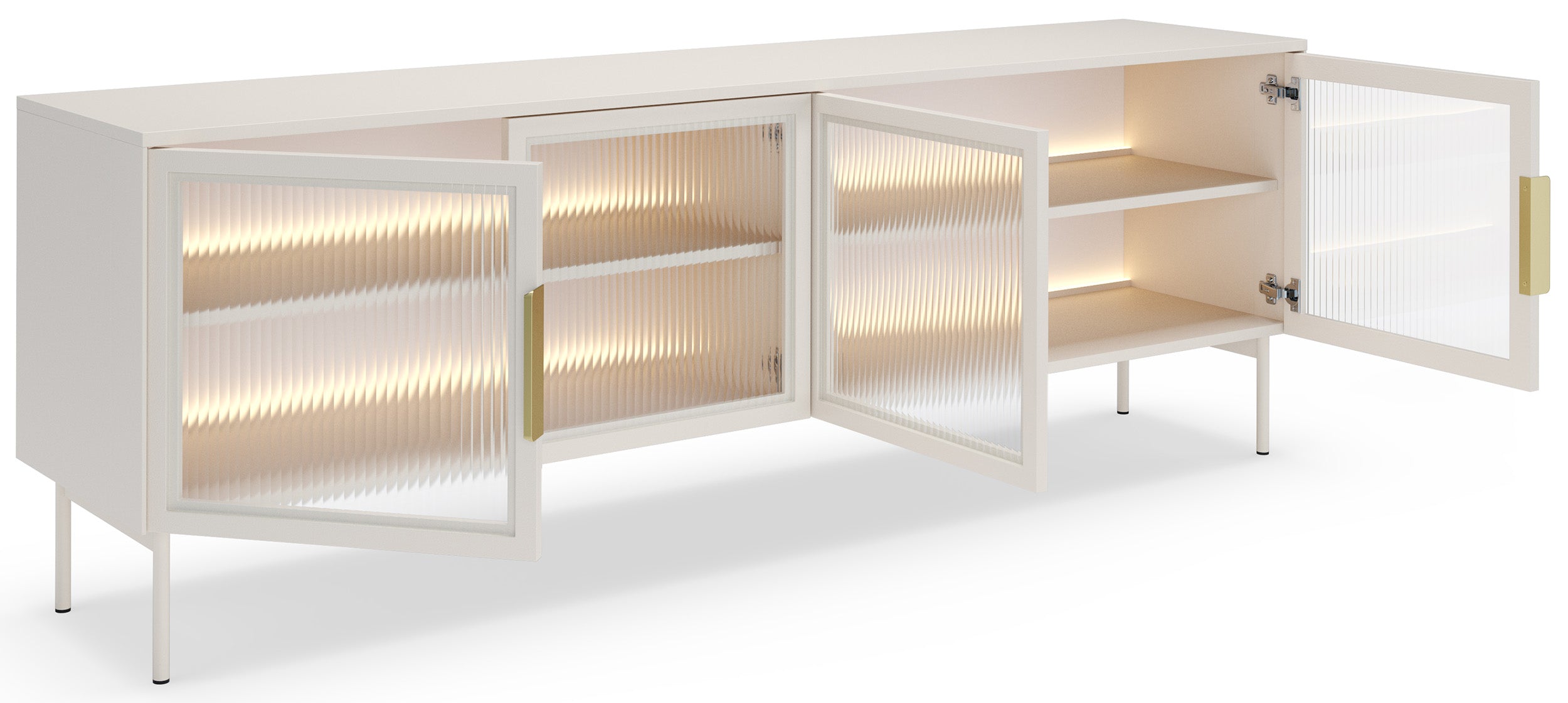 Vierflügeliger TV-Schrank Lumi mit Glastüren und LED-Beleuchtung, 181 cm, Kaschmirfarben