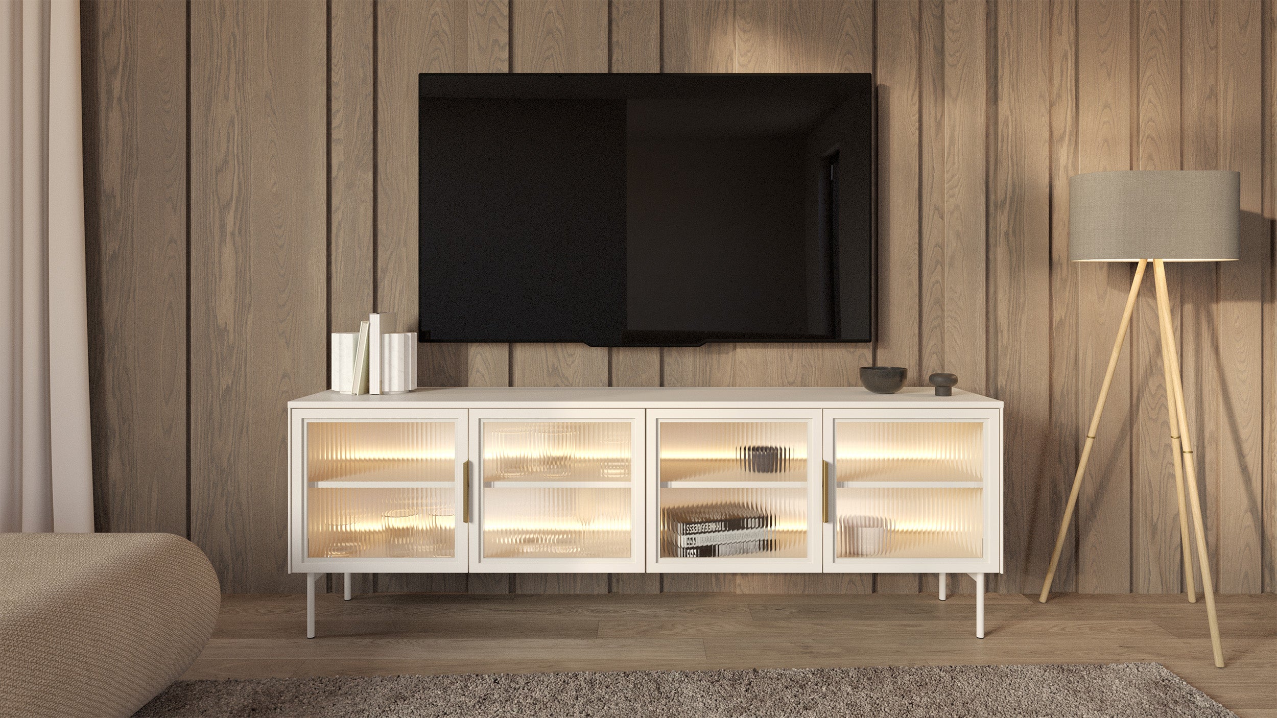 Vierflügeliger TV-Schrank Lumi mit Glastüren und LED-Beleuchtung, 181 cm, Kaschmirfarben