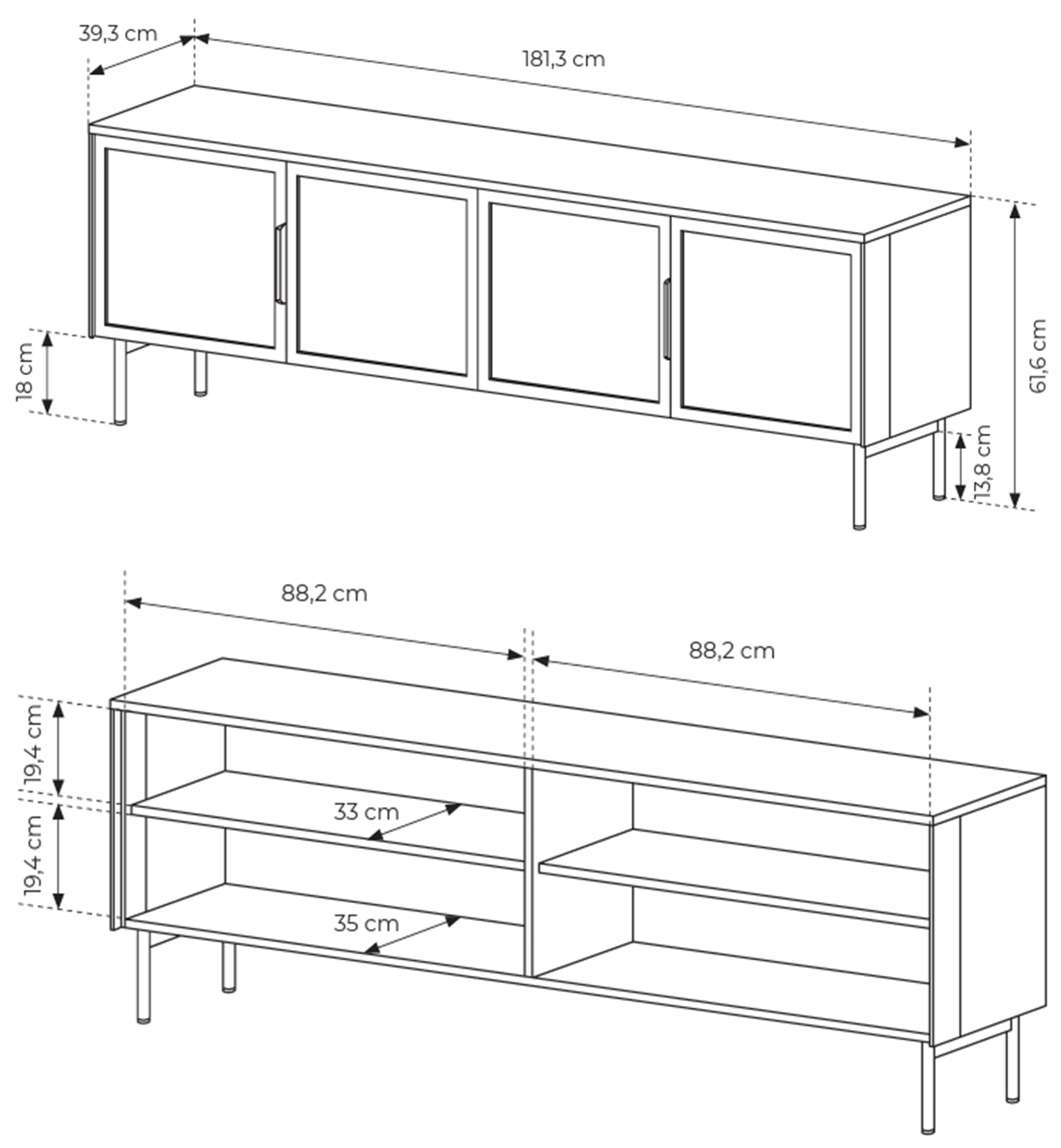 Vierflügeliger TV-Schrank Lumi mit Glastüren und LED-Beleuchtung, 181 cm, Kaschmirfarben