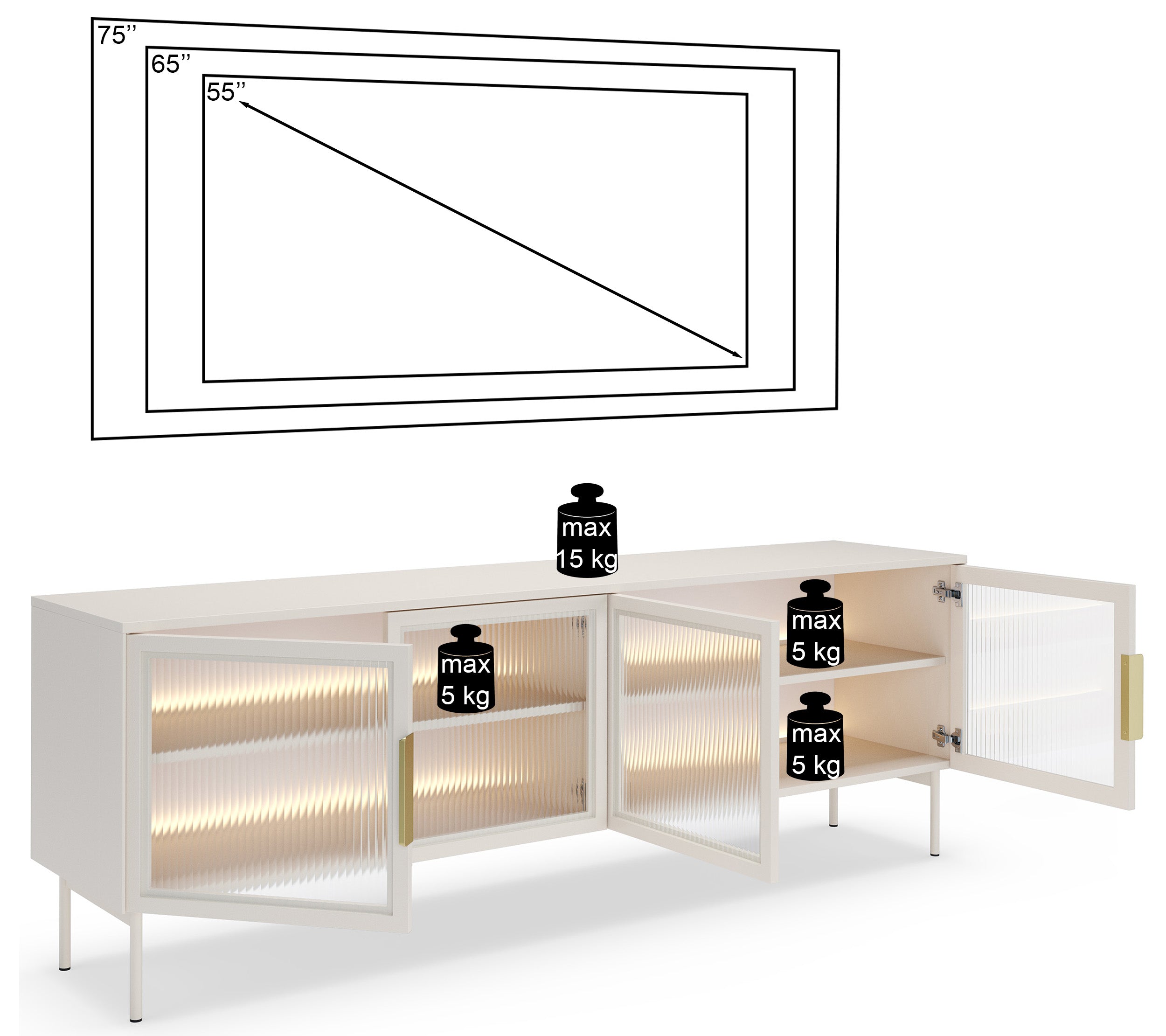 Vierflügeliger TV-Schrank Lumi mit Glastüren und LED-Beleuchtung, 181 cm, Kaschmirfarben