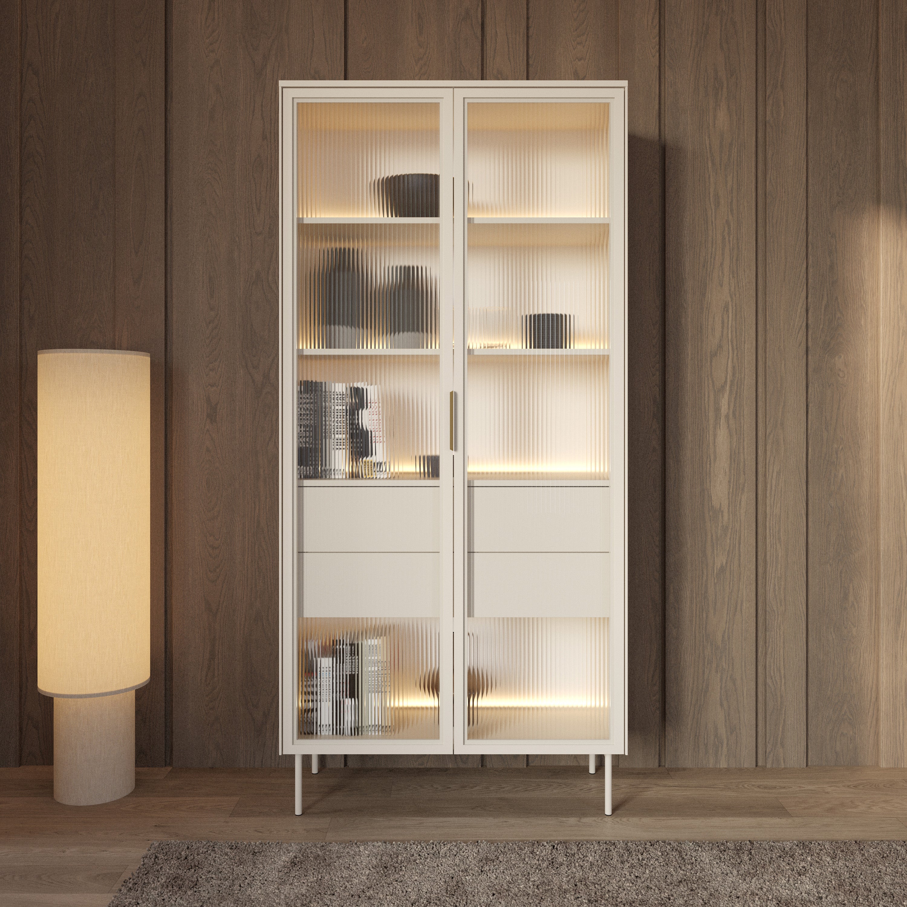Zweiflügelige Vitrine Lumi mit zwei Schubladen und LED-Beleuchtung, 91 cm, Kaschmir