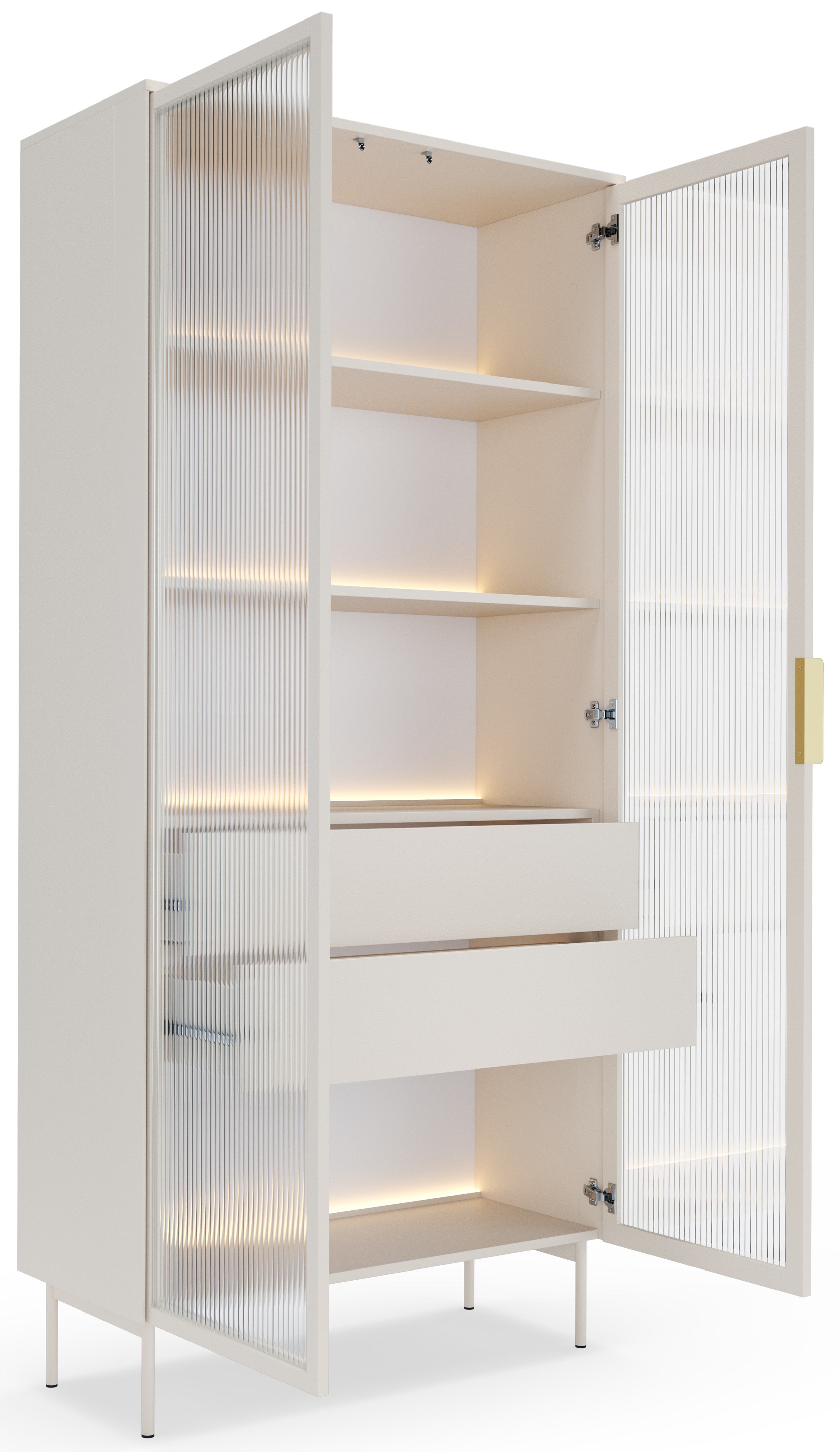 Zweiflügelige Vitrine Lumi mit zwei Schubladen und LED-Beleuchtung, 91 cm, Kaschmir