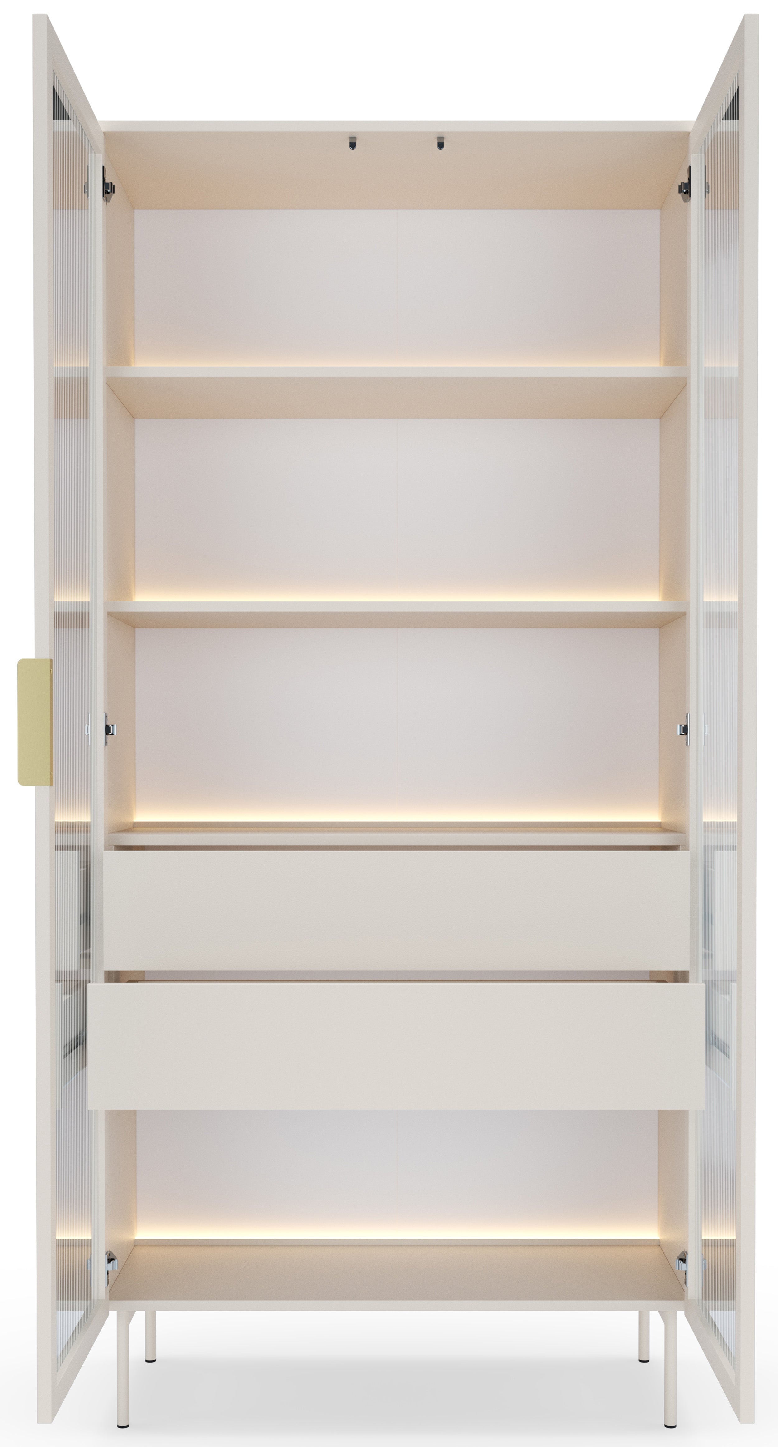 Zweiflügelige Vitrine Lumi mit zwei Schubladen und LED-Beleuchtung, 91 cm, Kaschmir