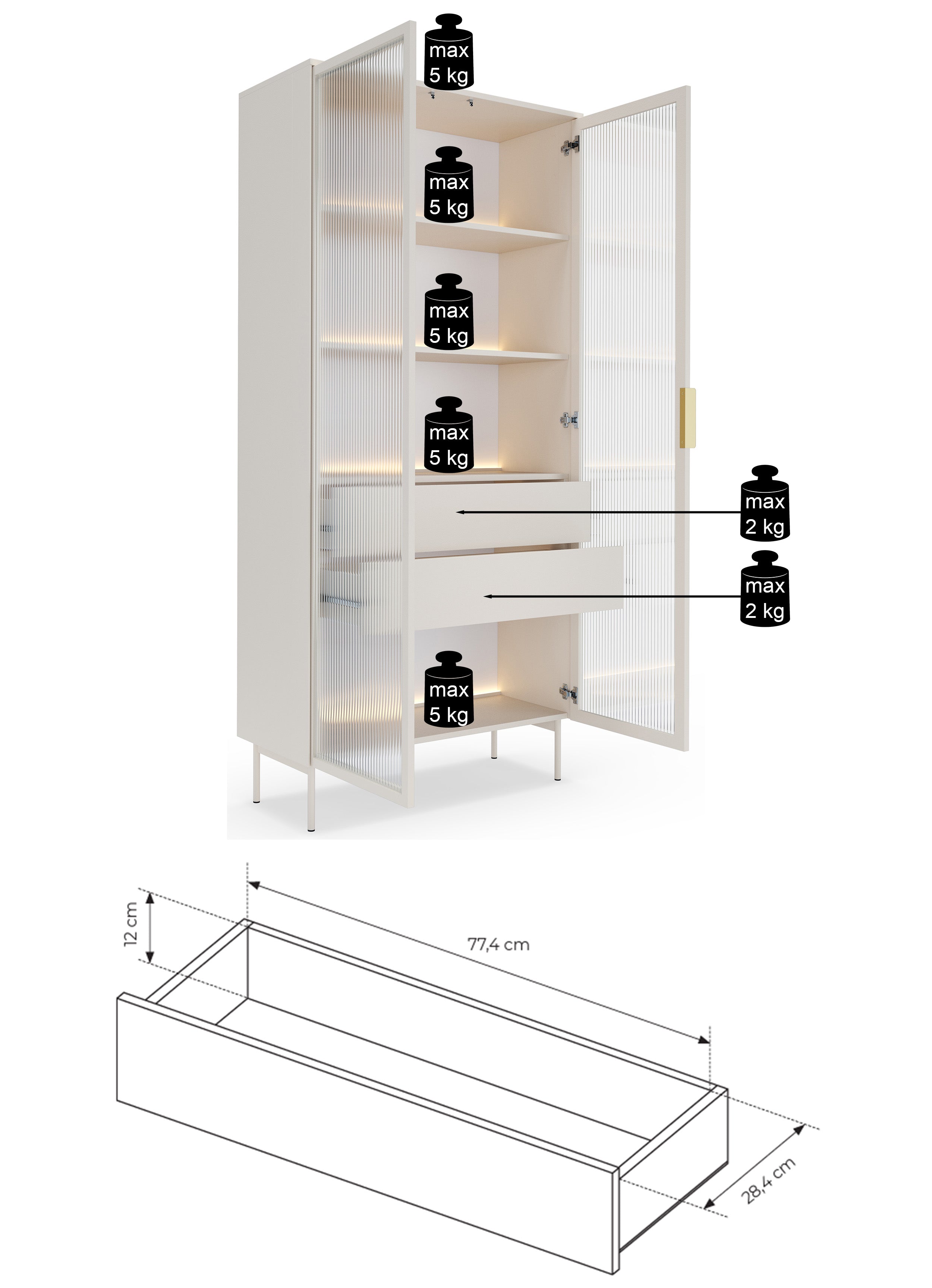 Zweiflügelige Vitrine Lumi mit zwei Schubladen und LED-Beleuchtung, 91 cm, Kaschmir