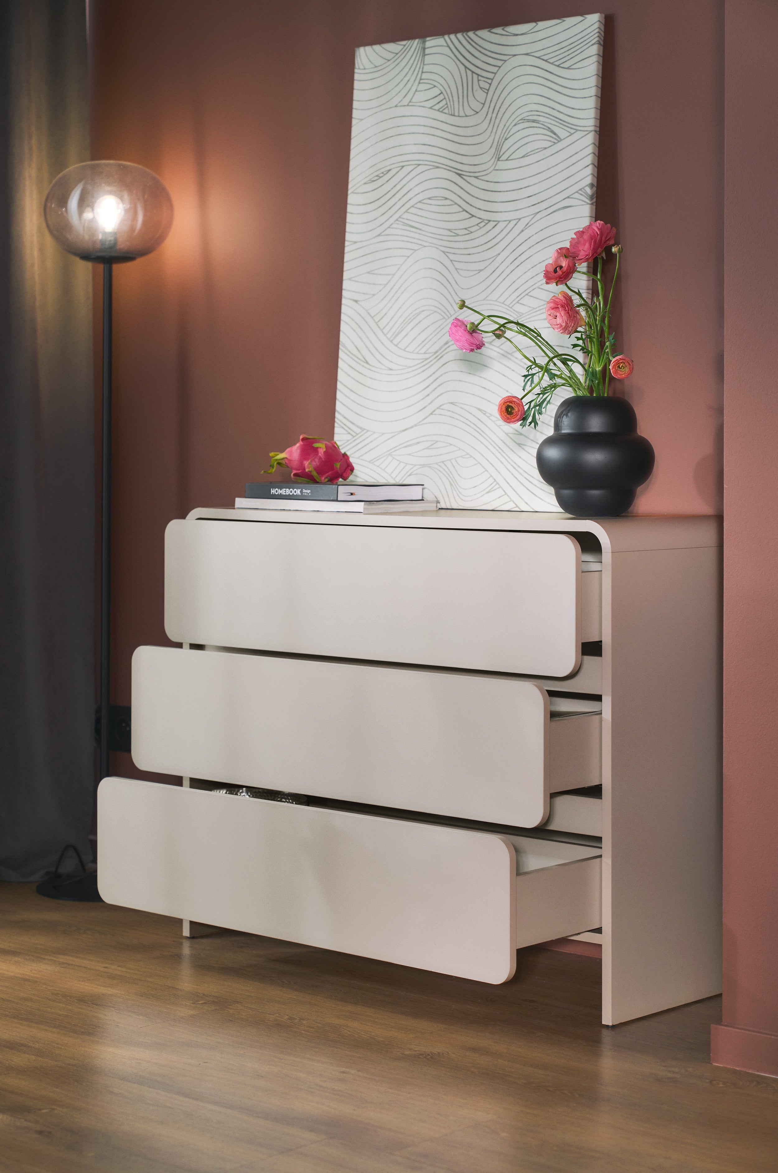 Kommode Lummo mit drei Schubladen 100 cm Kaschmir