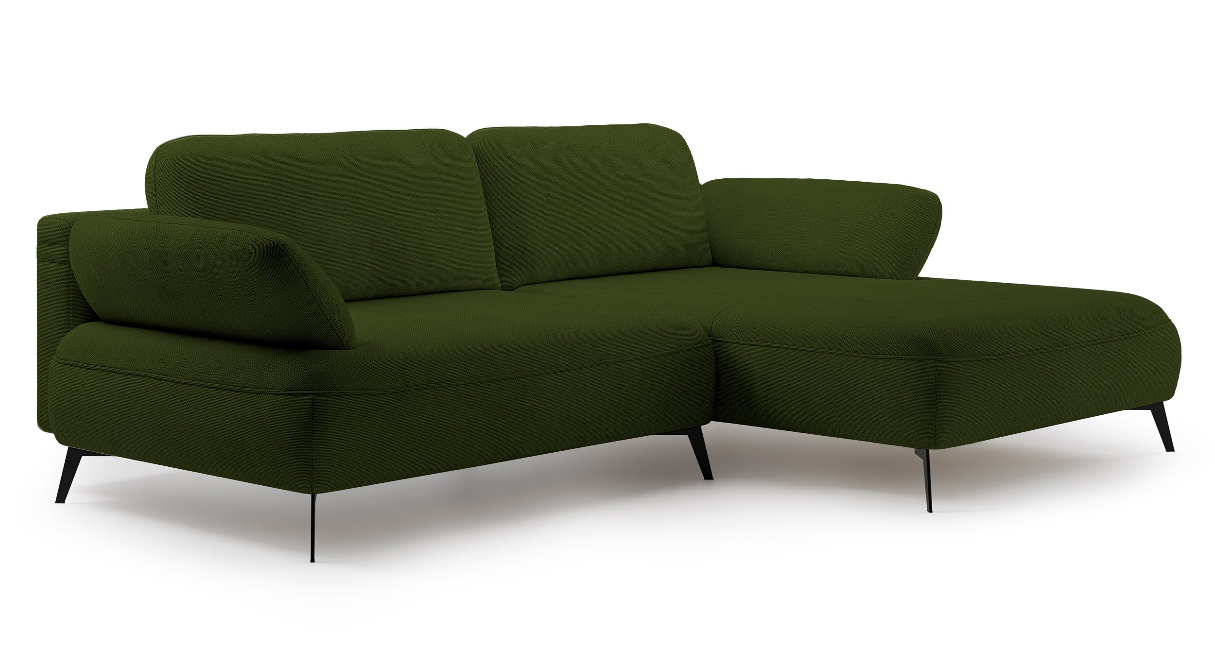 Ecksofa mit Schlaffunktion Avolla, L-förmig, rechtsseitig, mit Stauraum, olivgrüner hydrophober Chenille-Stoff