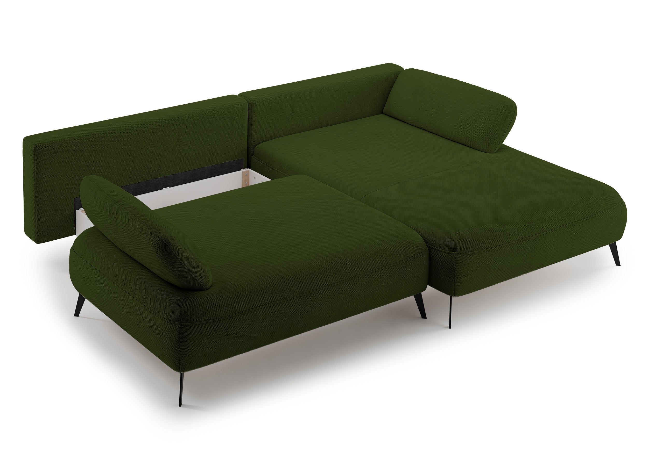 Ecksofa mit Schlaffunktion Avolla, L-förmig, rechtsseitig, mit Stauraum, olivgrüner hydrophober Chenille-Stoff