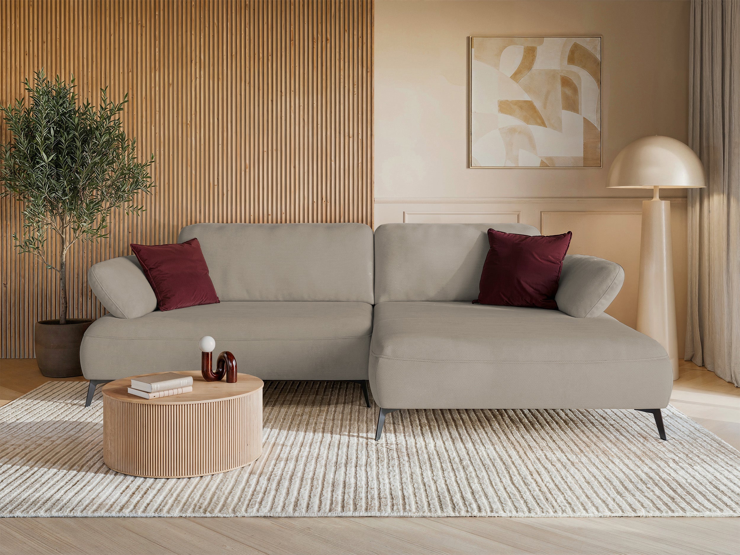 Ecksofa mit Schlaffunktion Avolla, L-förmig, rechtsseitig, mit Stauraum, dunkelbeige, hydrophobes Chenillegewebe