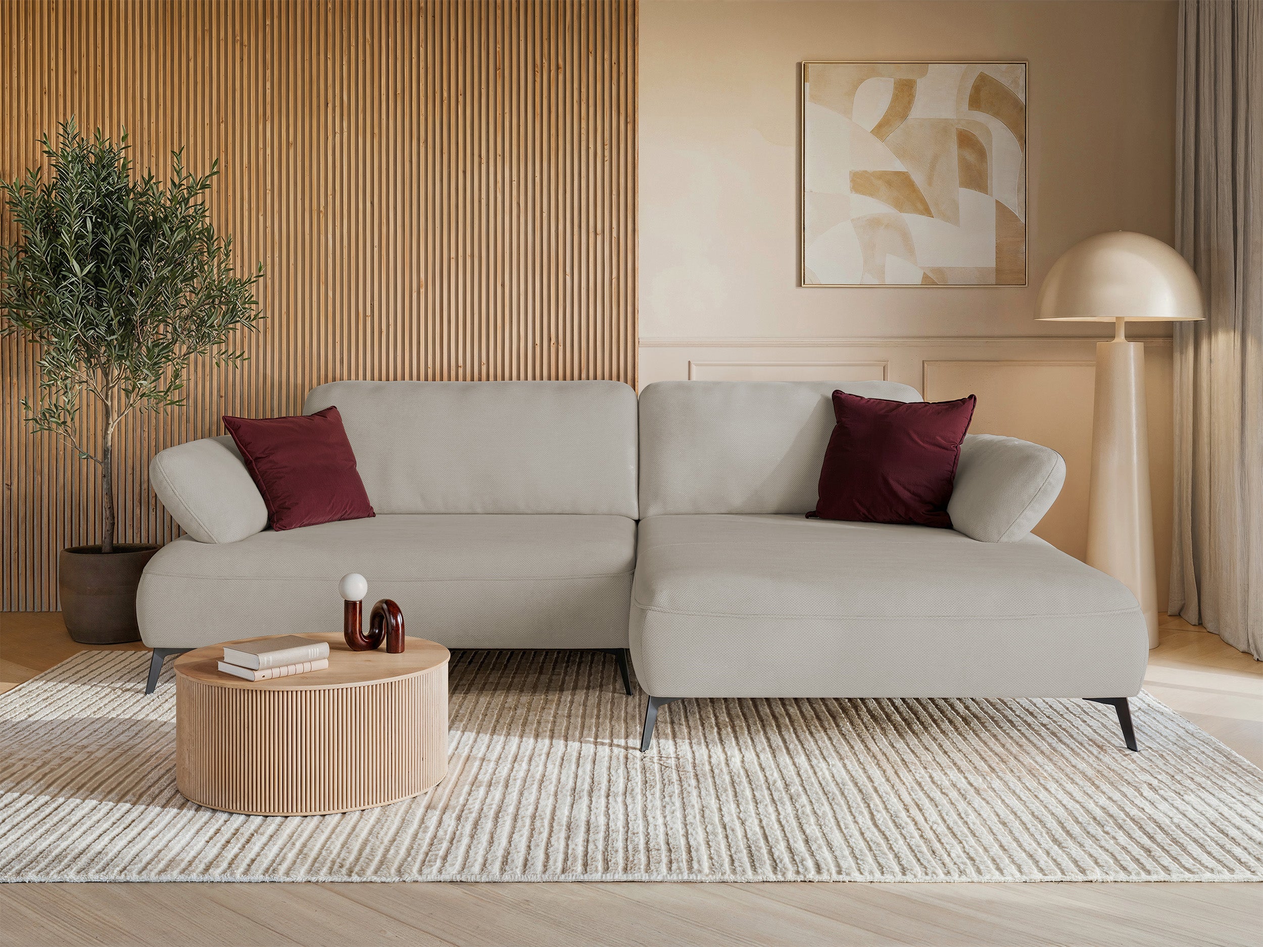 Ecksofa mit Schlaffunktion Avolla, L-förmig, rechtsseitig, mit Stauraum, beige, hydrophobes Chenille