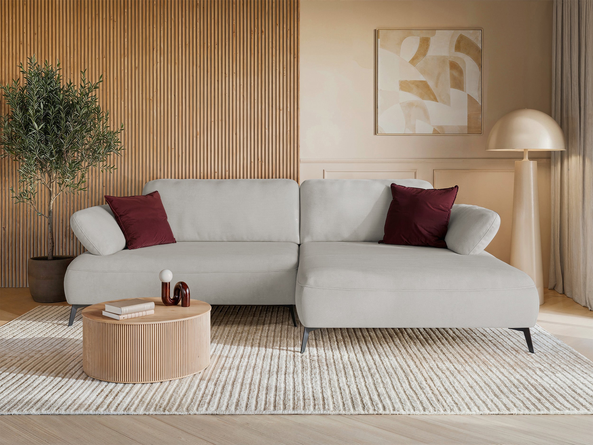 Ecksofa mit Schlaffunktion Avolla, L-Form, rechtsseitig, mit Stauraum, grau-beiger hydrophober Chenillestoff
