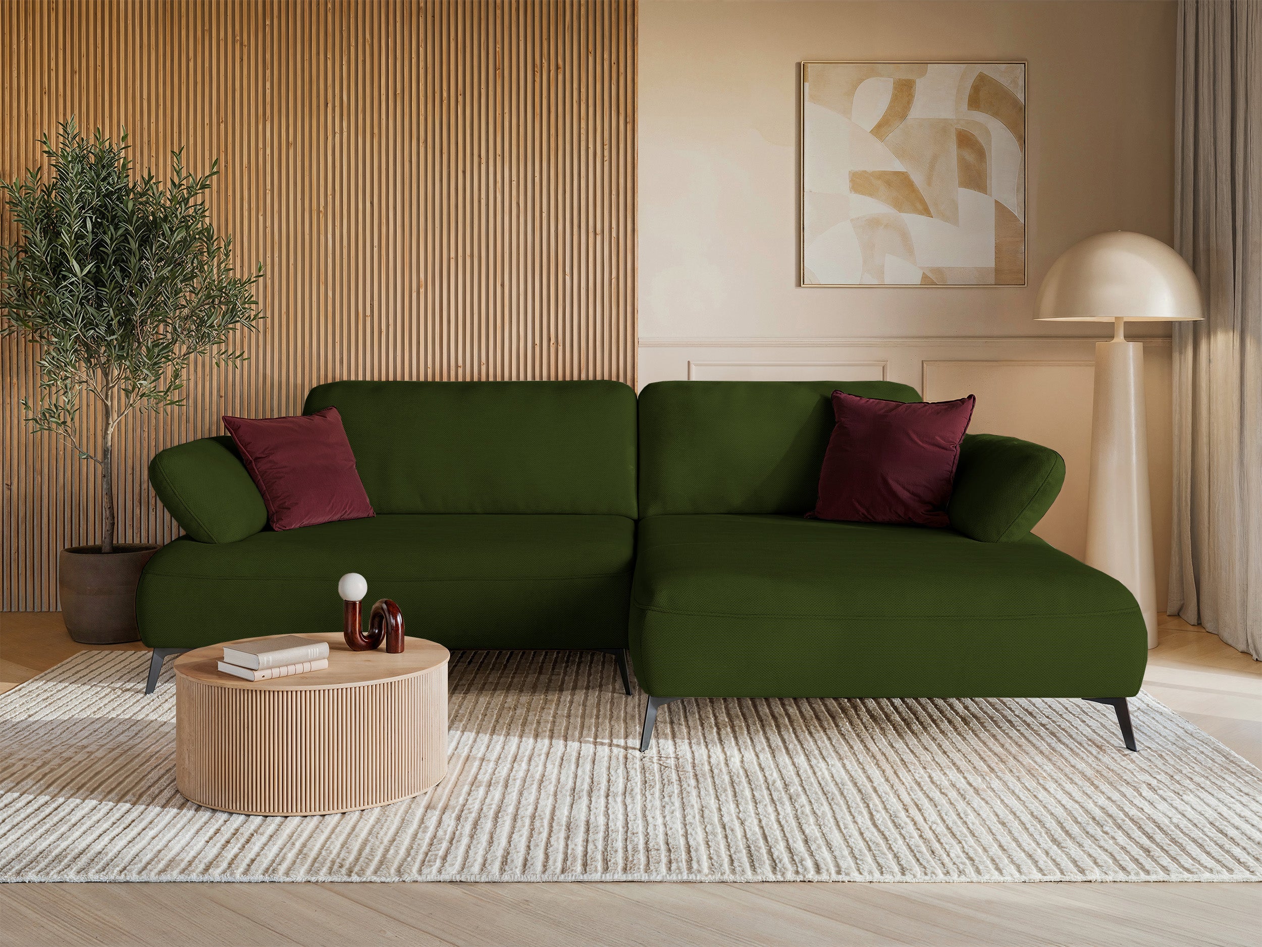 Ecksofa mit Schlaffunktion Avolla, L-förmig, rechtsseitig, mit Stauraum, olivgrüner hydrophober Chenille-Stoff