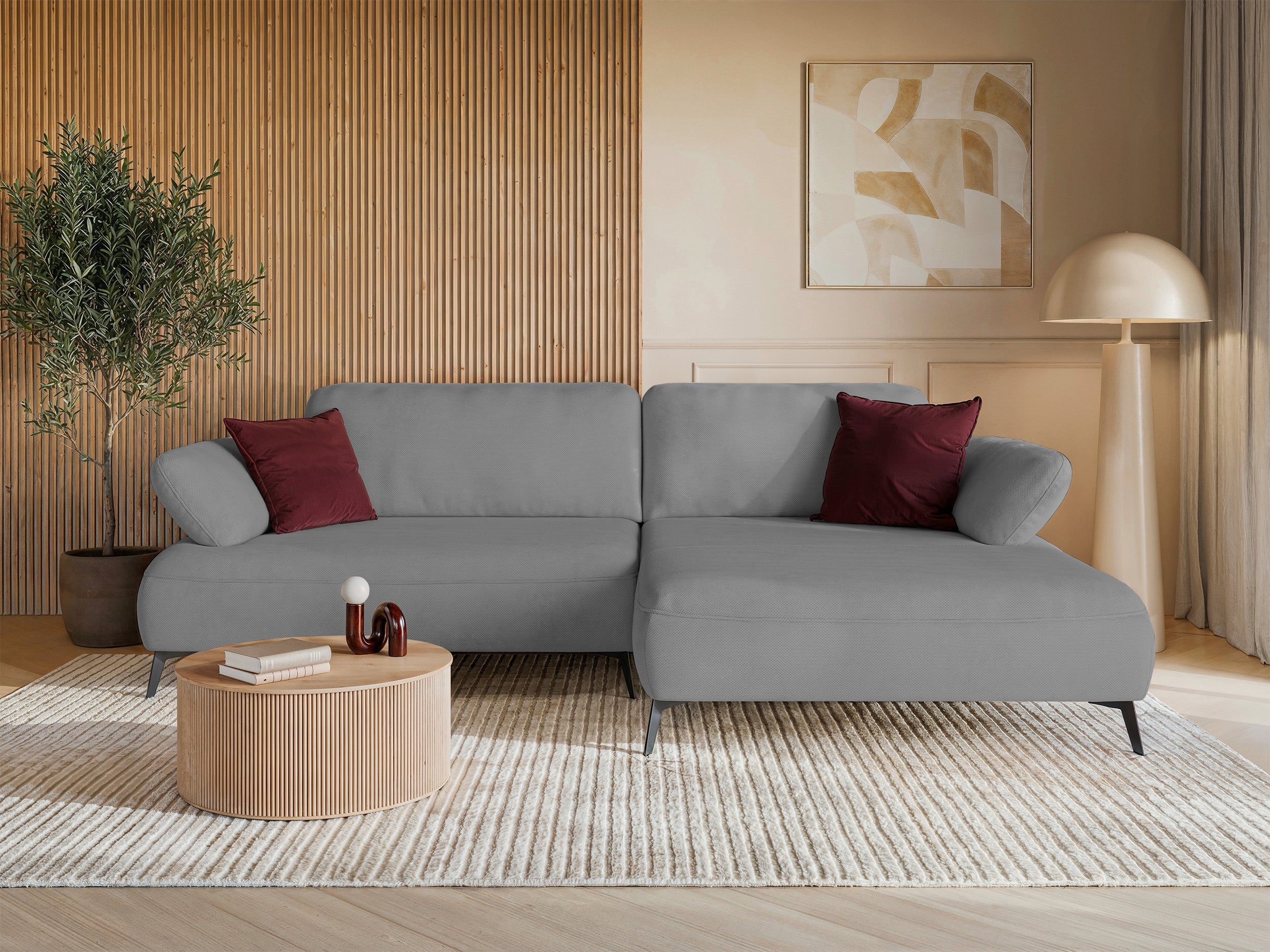 Ecksofa mit Schlaffunktion Avolla, L-förmig, rechtsseitig, mit Stauraum, grauer hydrophober Chenille-Stoff