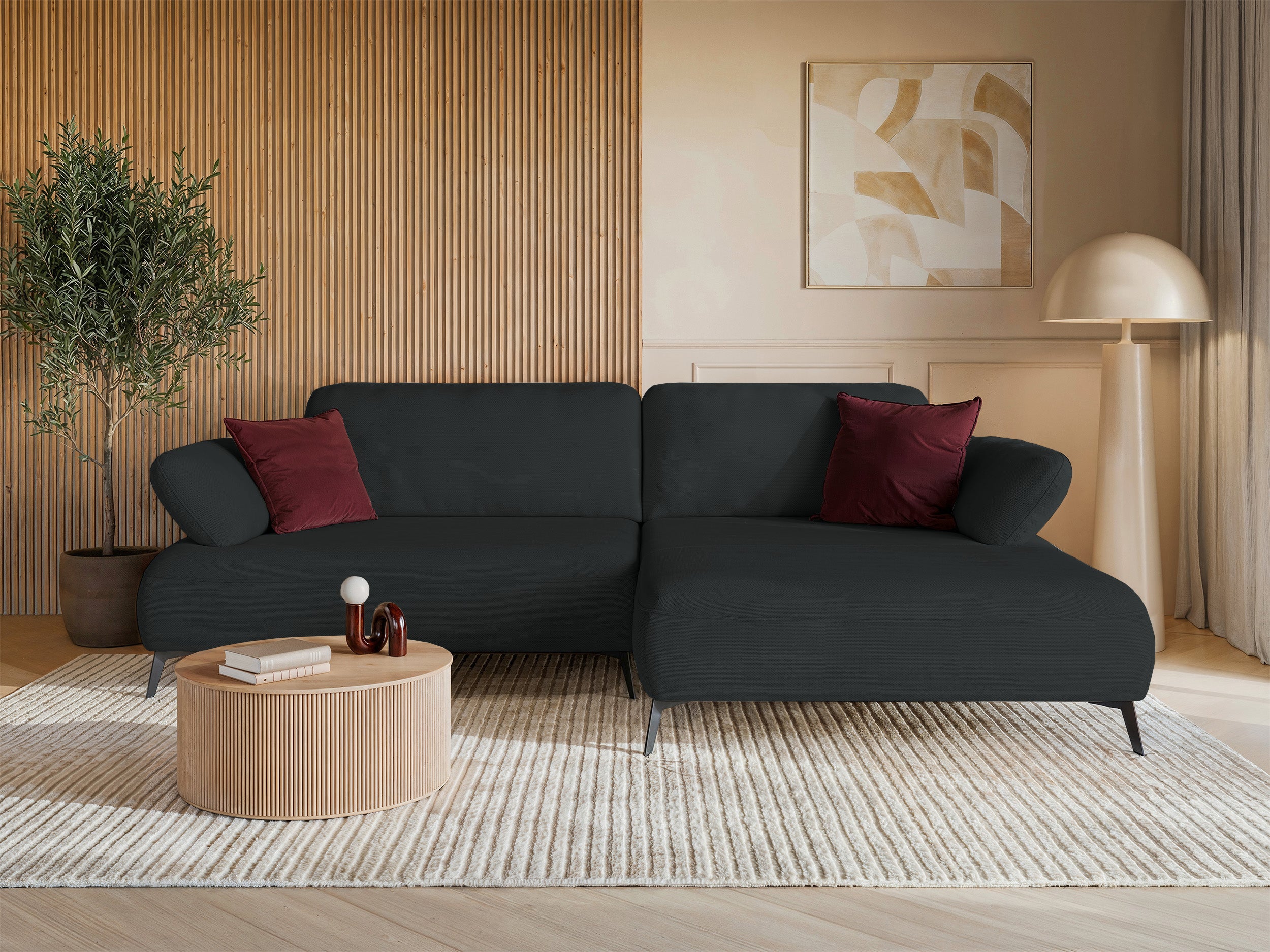 Ecksofa mit Schlaffunktion Avolla, L-förmig, rechtsseitig, mit Stauraum, graphitfarben, hydrophobes Chenille