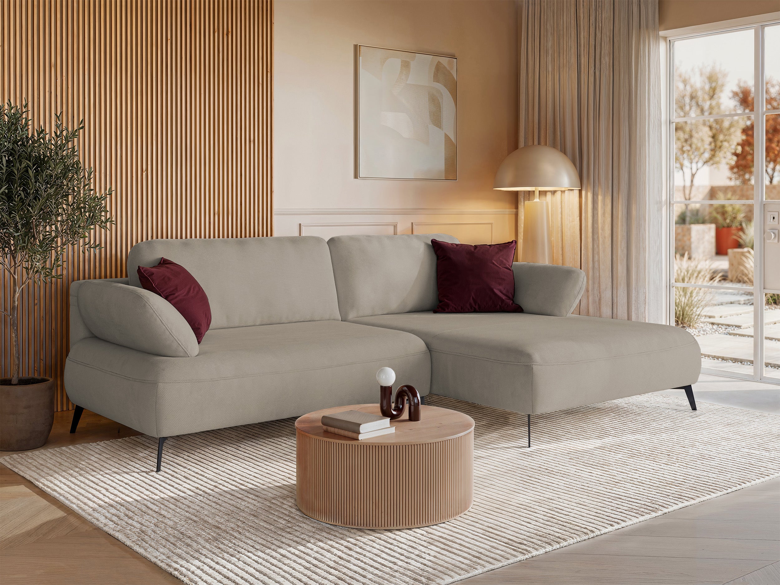 Ecksofa mit Schlaffunktion Avolla, L-förmig, rechtsseitig, mit Stauraum, dunkelbeige, hydrophobes Chenillegewebe