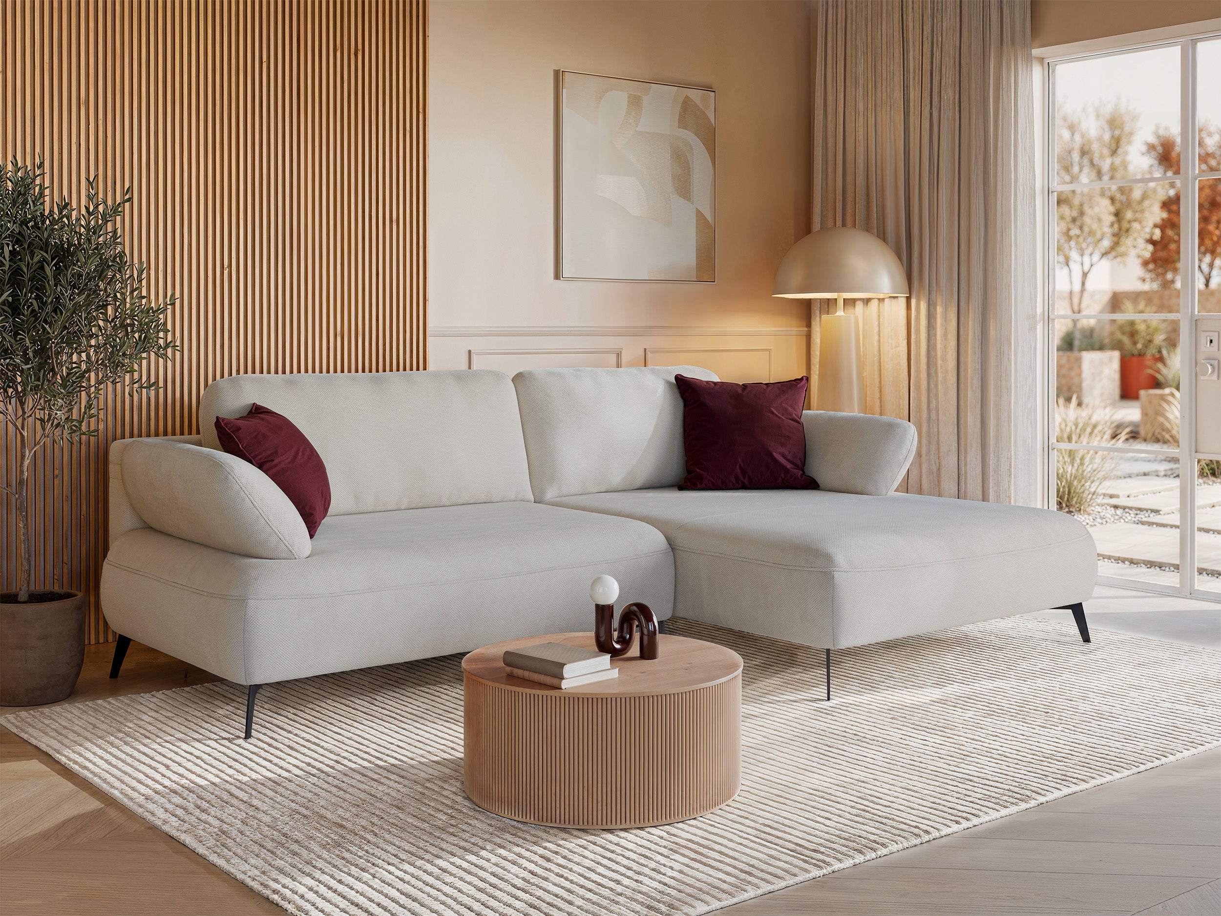Ecksofa mit Schlaffunktion Avolla, L-Form, rechtsseitig, mit Stauraum, grau-beiger hydrophober Chenillestoff