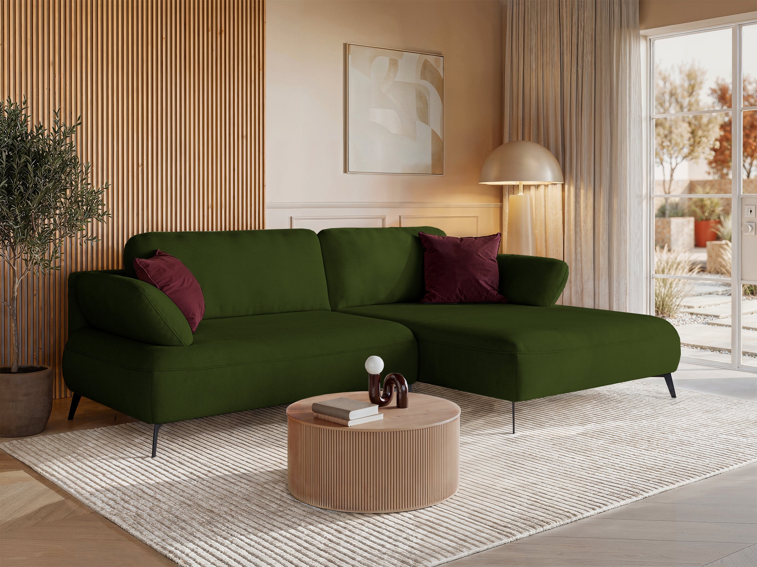 Ecksofa mit Schlaffunktion Avolla, L-förmig, rechtsseitig, mit Stauraum, olivgrüner hydrophober Chenille-Stoff