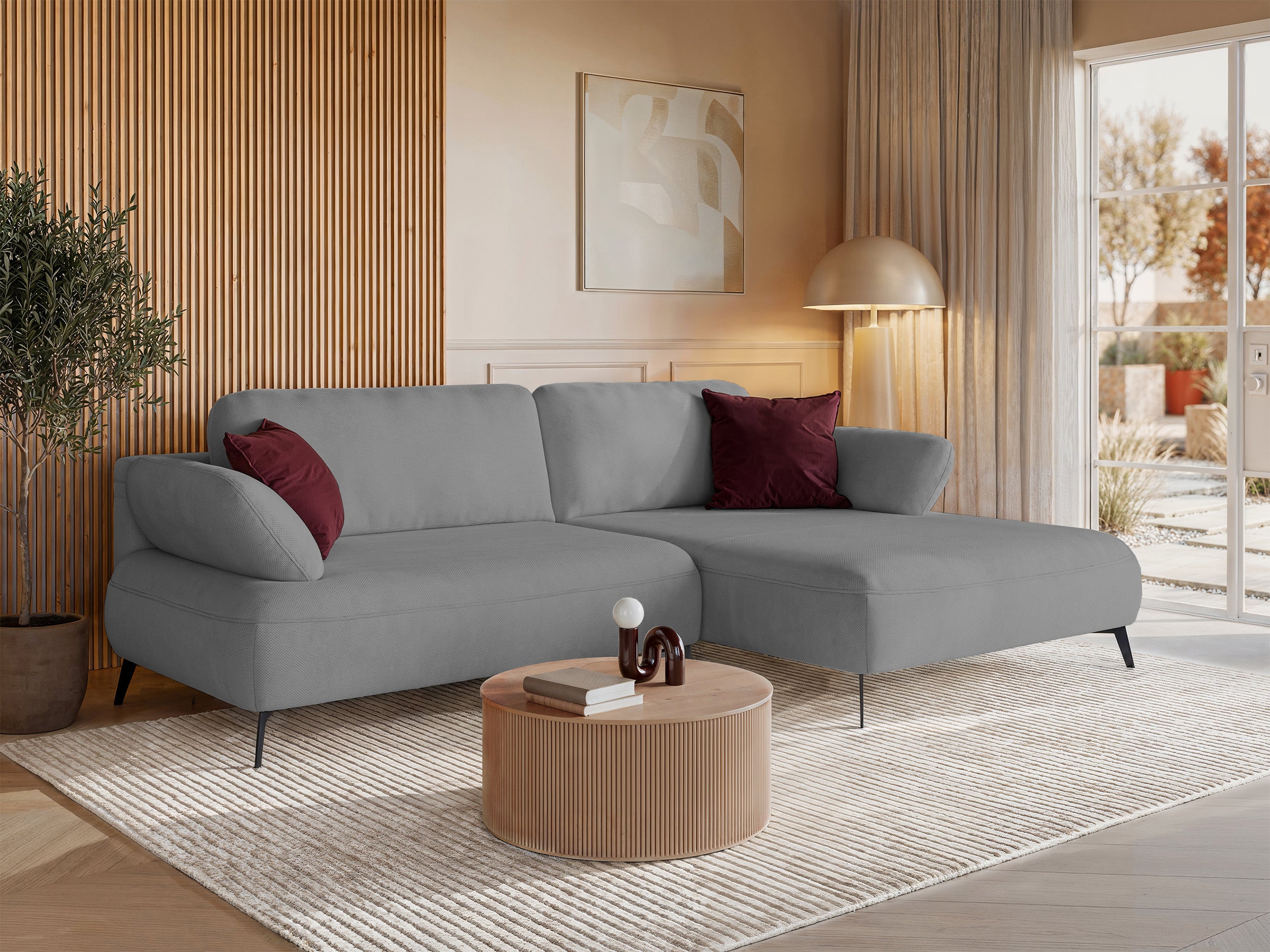 Ecksofa mit Schlaffunktion Avolla, L-förmig, rechtsseitig, mit Stauraum, grauer hydrophober Chenille-Stoff