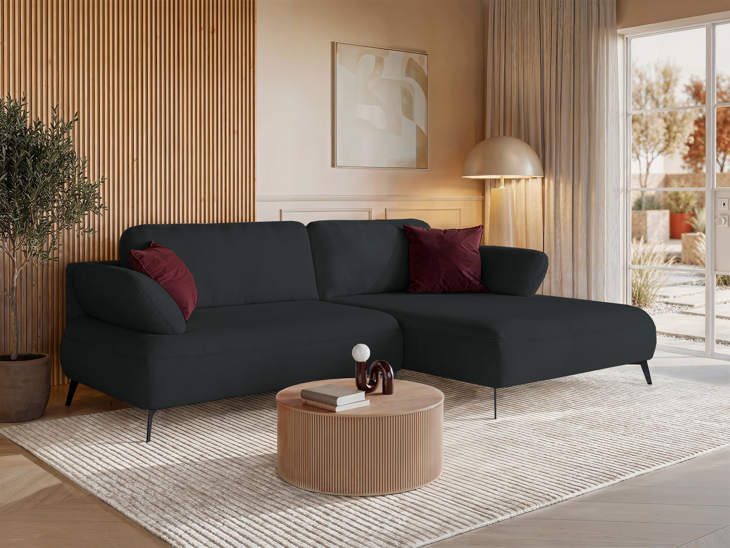 Ecksofa mit Schlaffunktion Avolla, L-förmig, rechtsseitig, mit Stauraum, graphitfarben, hydrophobes Chenille