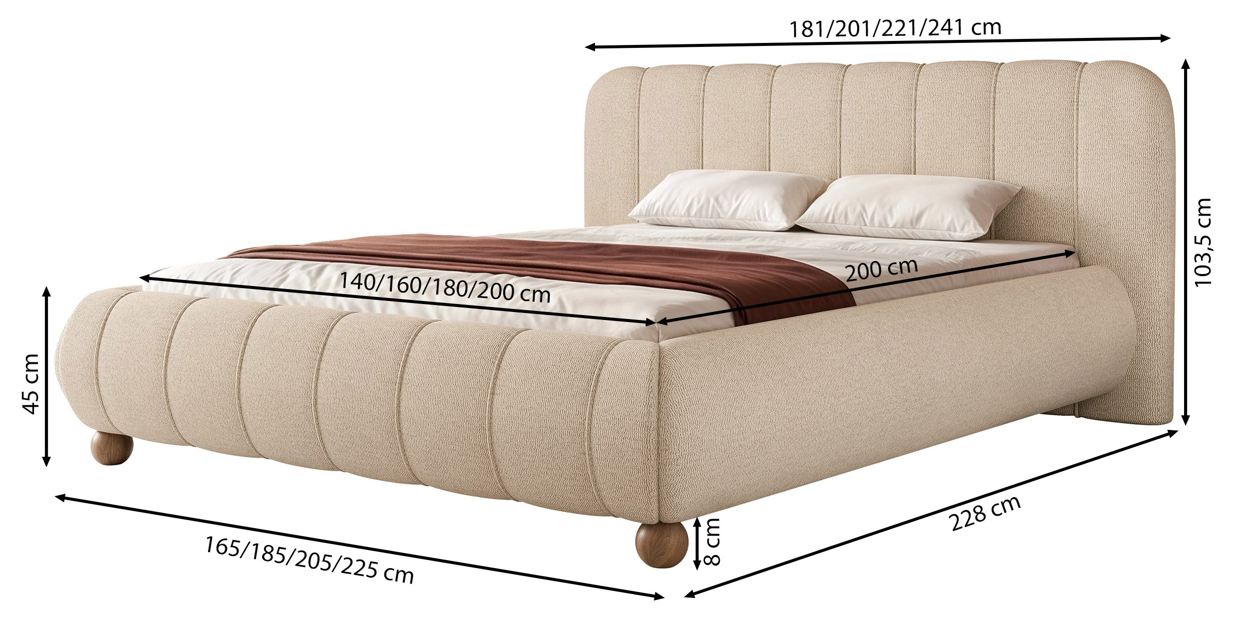 Polsterbett 140x200 cm Malunna mit Stauraum, Metallrahmen, beige Chenille, pflegeleicht, lackierte Buchenholz-Kugelbeine