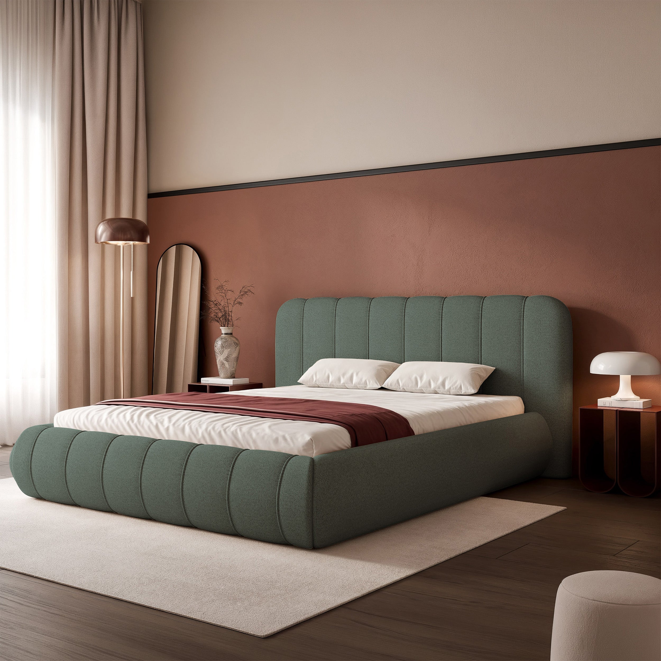 Polsterbett 200x200 cm Malunna mit Stauraum, Metallrahmen, salbeigrüner Chenille-Stoff, pflegeleicht