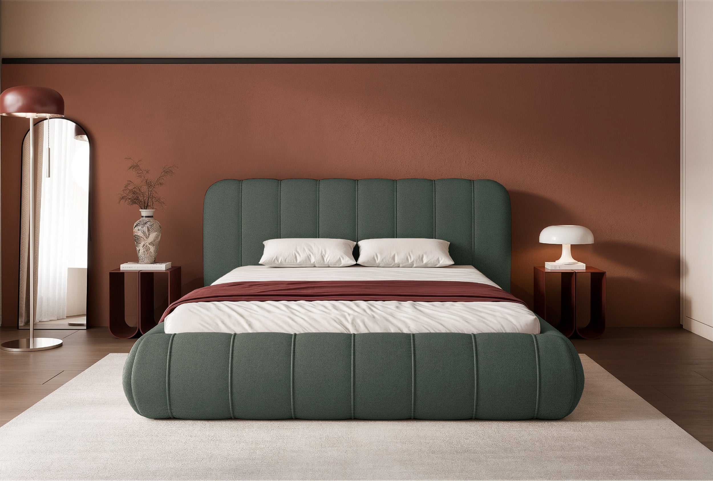 Polsterbett 200x200 cm Malunna mit Stauraum, Metallrahmen, salbeigrüner Chenille-Stoff, pflegeleicht