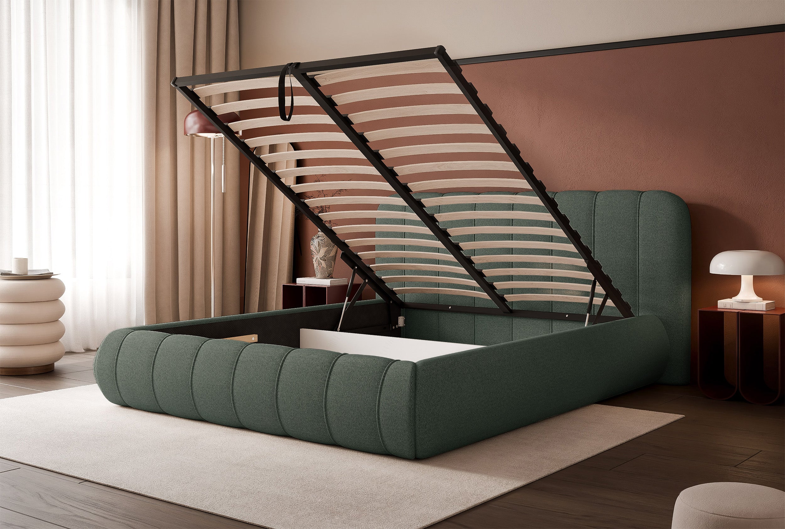 Polsterbett 200x200 cm Malunna mit Stauraum, Metallrahmen, salbeigrüner Chenille-Stoff, pflegeleicht