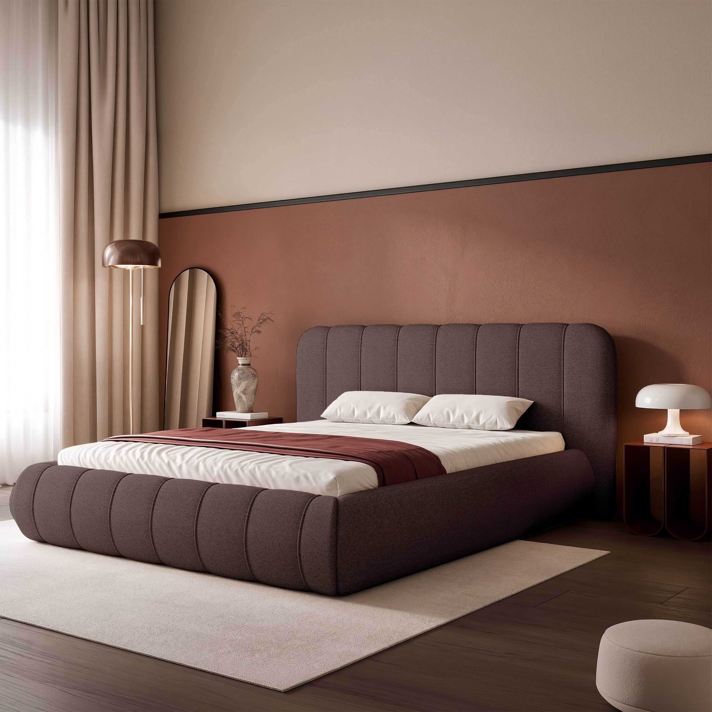 Polsterbett 140x200 cm Malunna mit Stauraum, Metallrahmen, brauner Chenille, pflegeleicht
