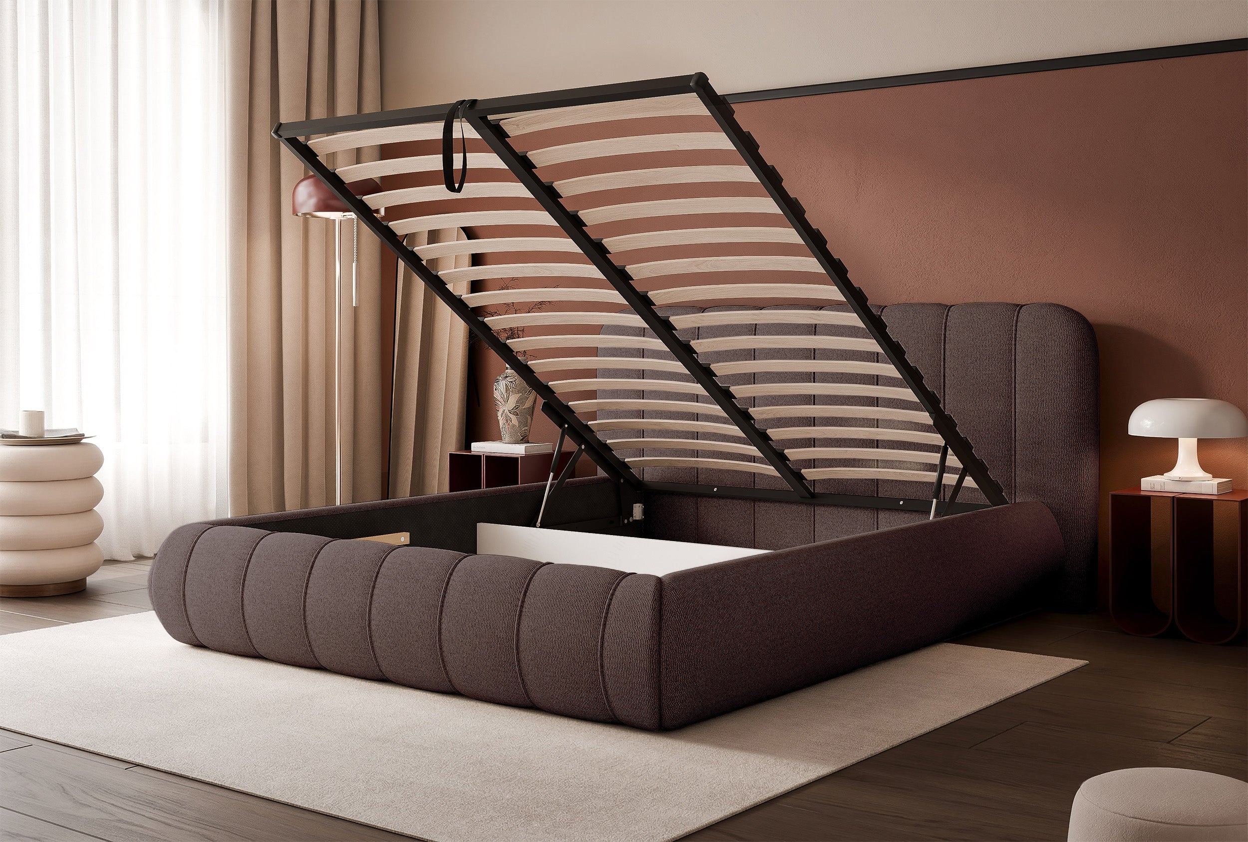 Polsterbett 140x200 cm Malunna mit Stauraum, Metallrahmen, brauner Chenille, pflegeleicht