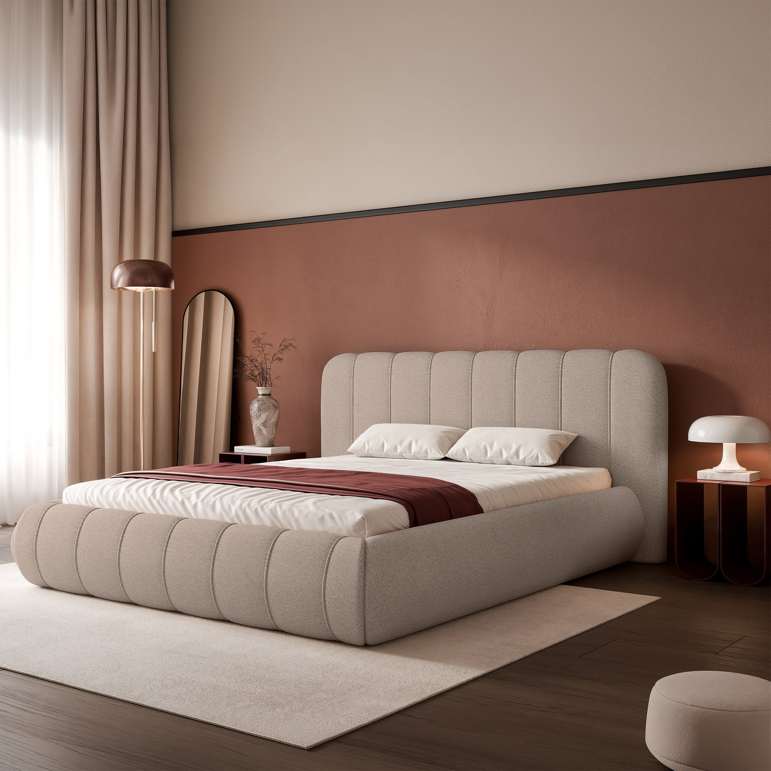 Gepolstertes Bett 160x200 cm Malunna mit Stauraum, Metallrahmen, hellgraubeiger Chenille, leicht zu reinigen