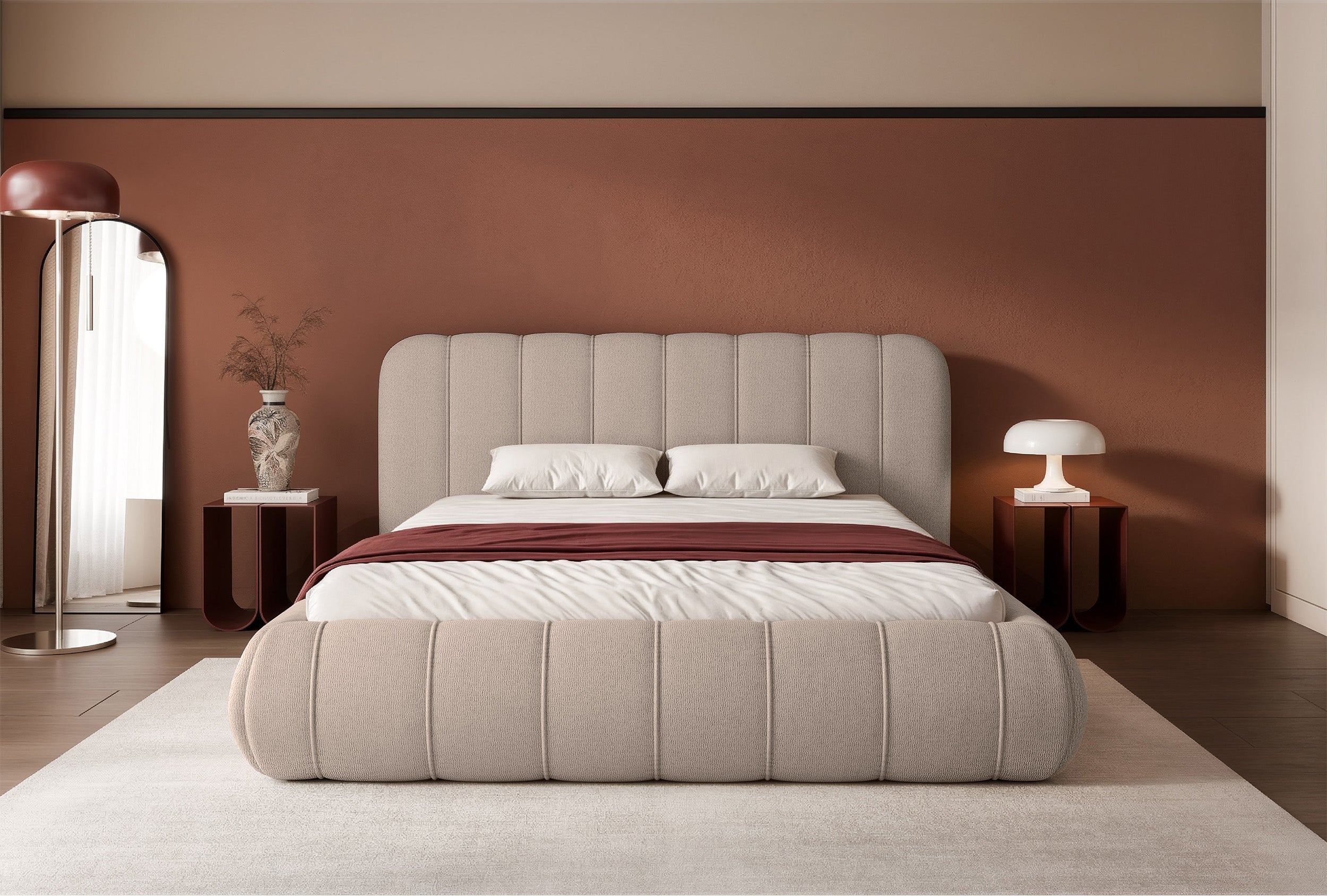 Gepolstertes Bett 160x200 cm Malunna mit Stauraum, Metallrahmen, hellgraubeiger Chenille, leicht zu reinigen