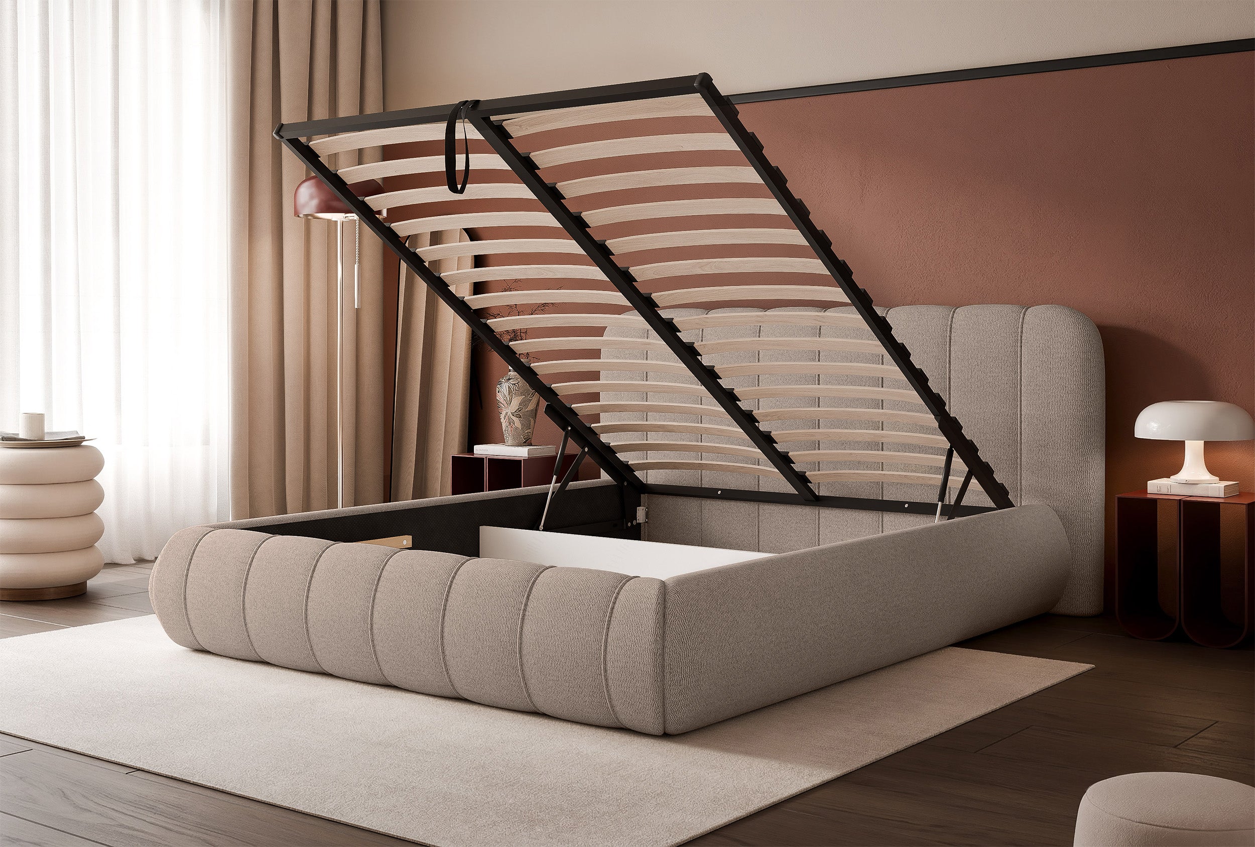 Gepolstertes Bett 160x200 cm Malunna mit Stauraum, Metallrahmen, hellgraubeiger Chenille, leicht zu reinigen