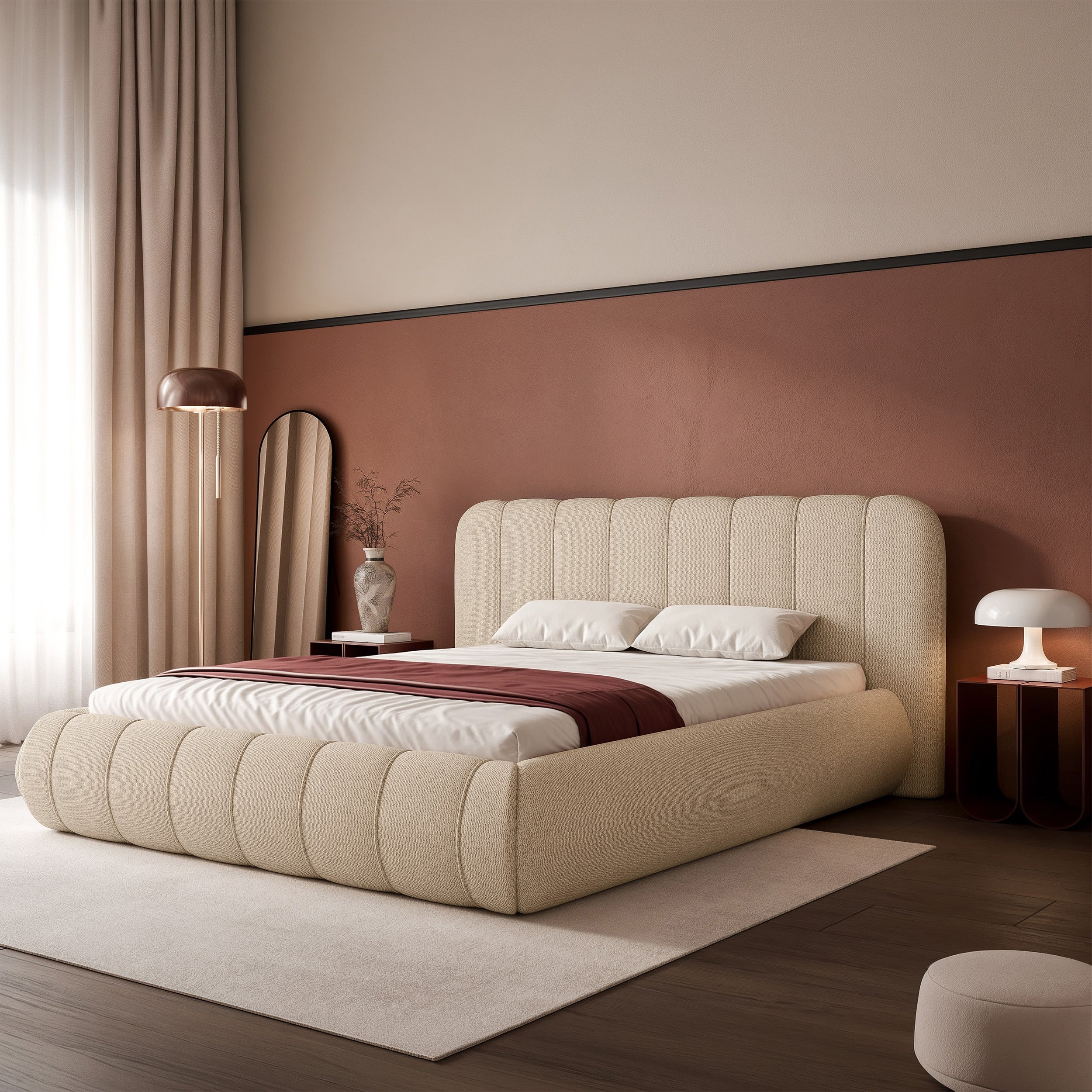 Polsterbett 140x200 cm Malunna mit Stauraum, Metallrahmen, beige Chenille, pflegeleicht