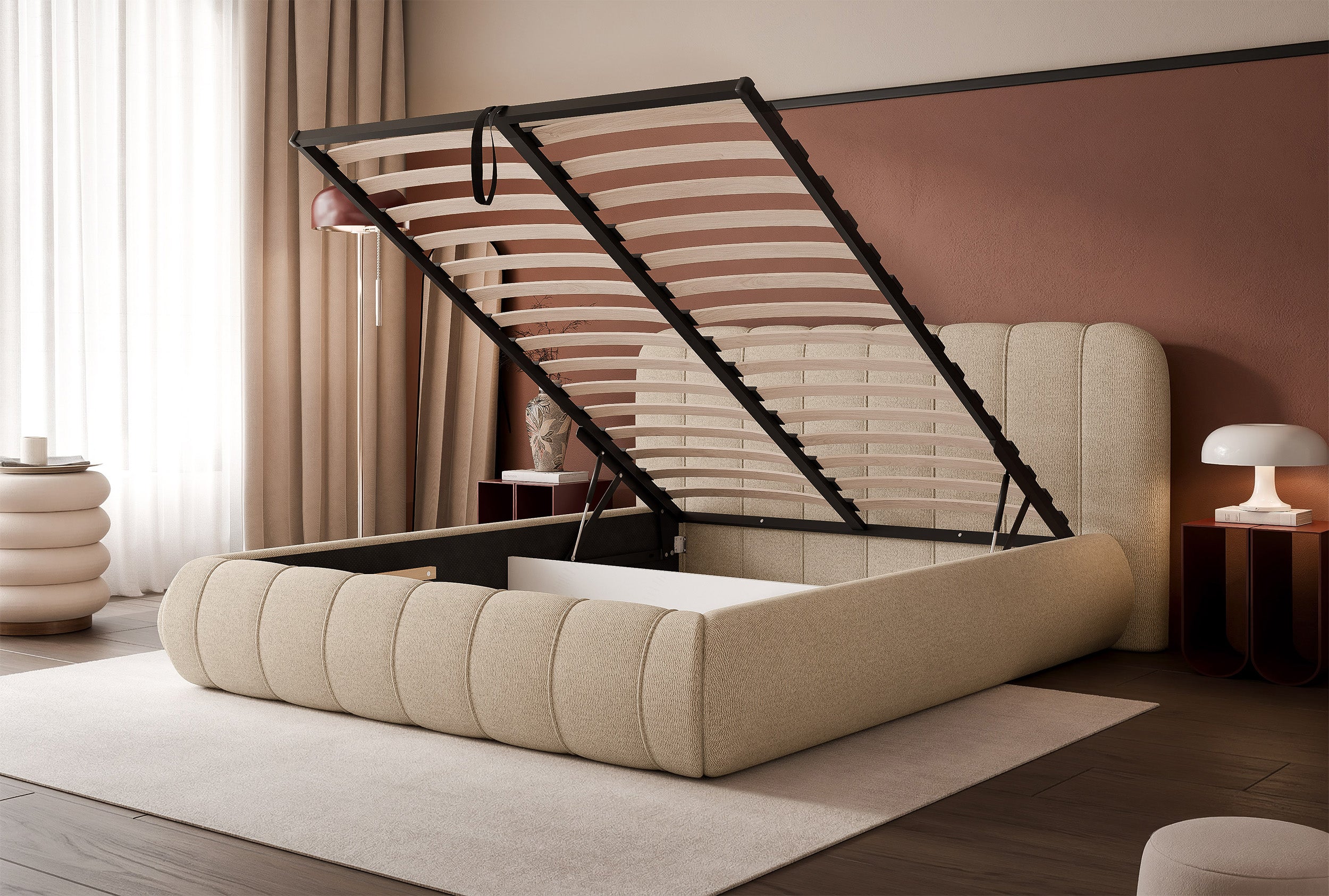Polsterbett 140x200 cm Malunna mit Stauraum, Metallrahmen, beige Chenille, pflegeleicht