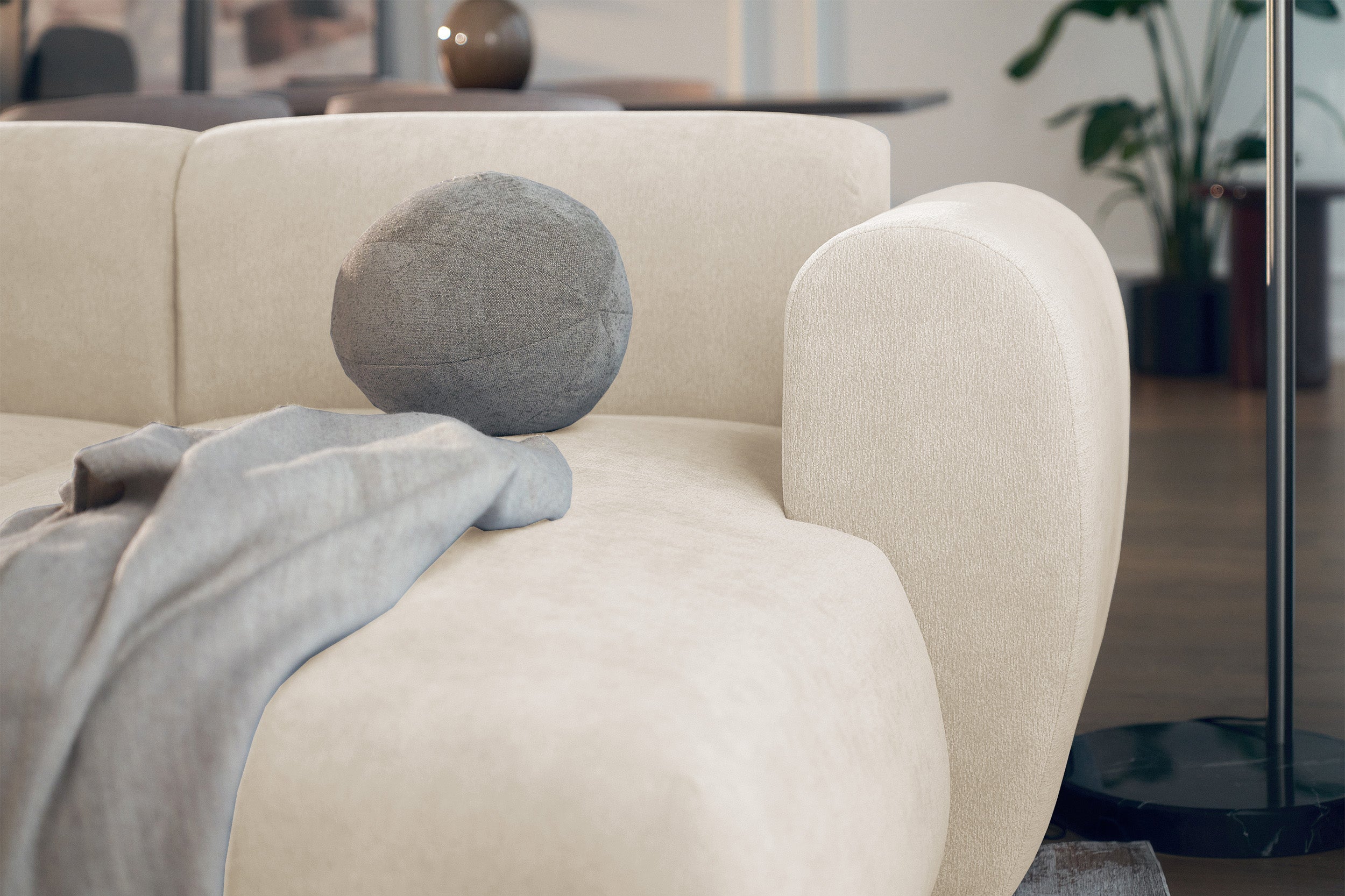 Ecksofa mit Schlaffunktion Emia, L-förmig, rechtsseitig, hellbeige Chenille