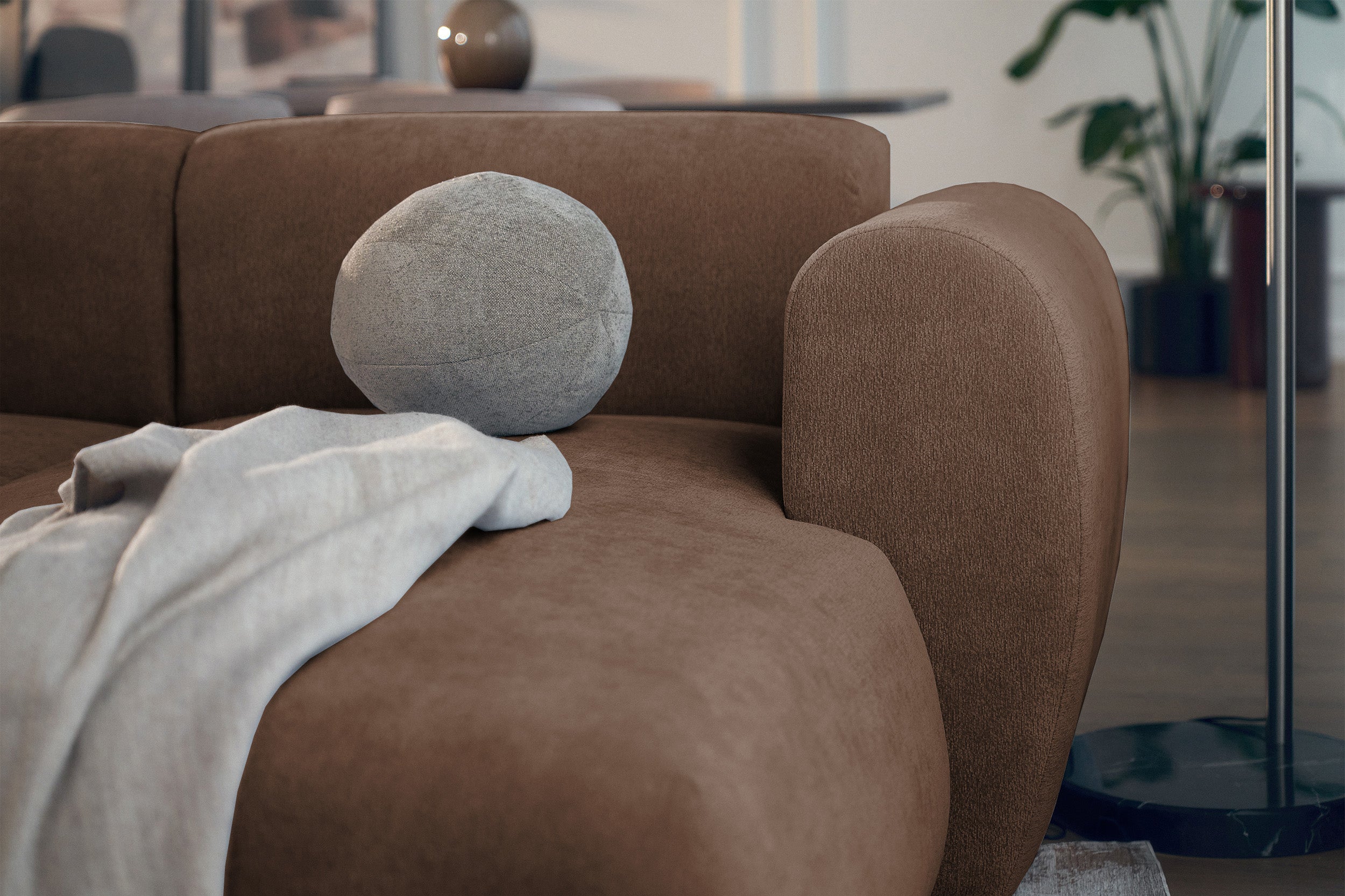 Ecksofa mit Schlaffunktion Emia, L-förmig, rechtsseitig, brauner Chenille-Bezug