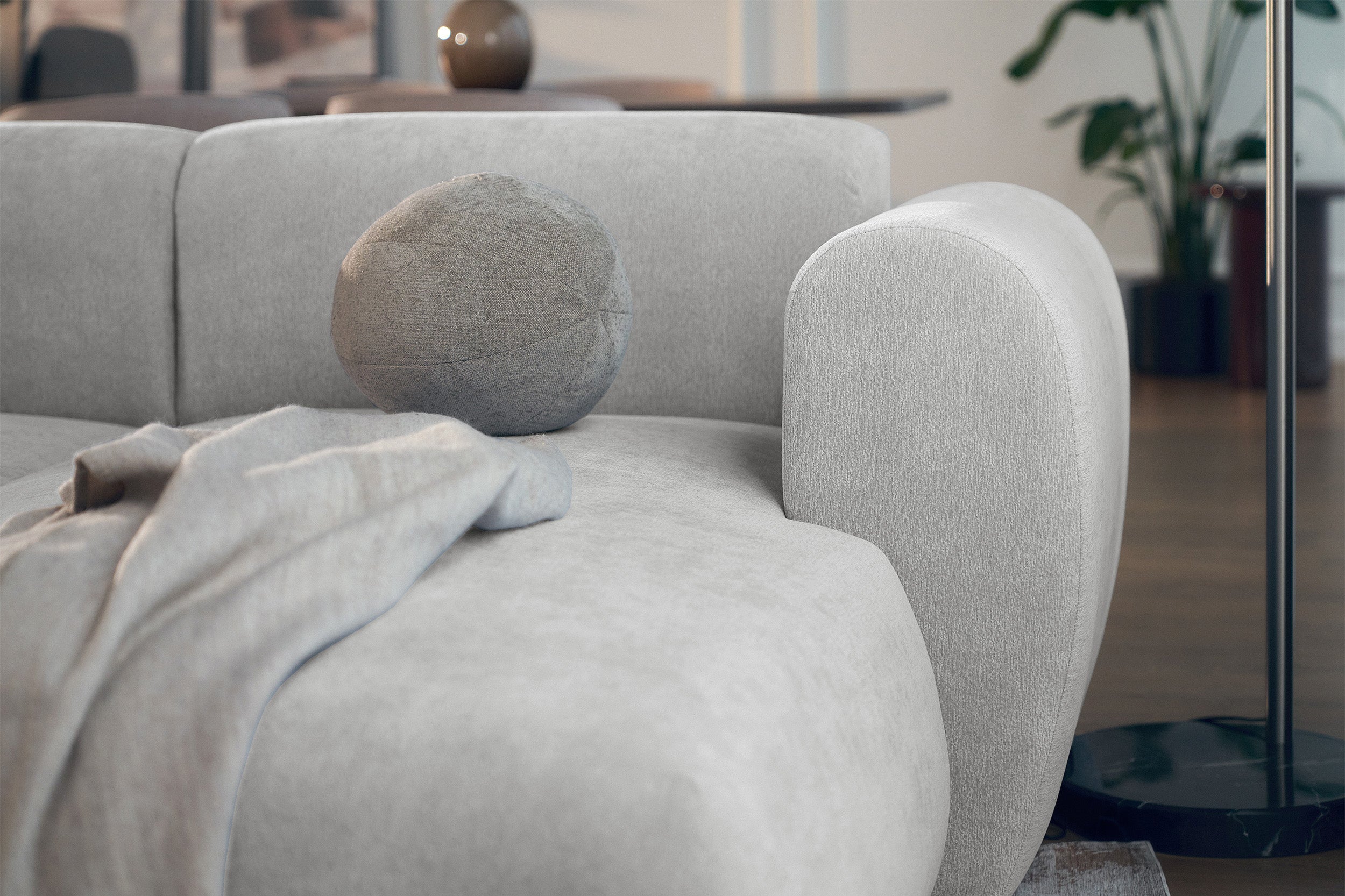 Ecksofa mit Schlaffunktion Emia, L-förmig, rechtsseitig, hellgrauer Chenille-Stoff