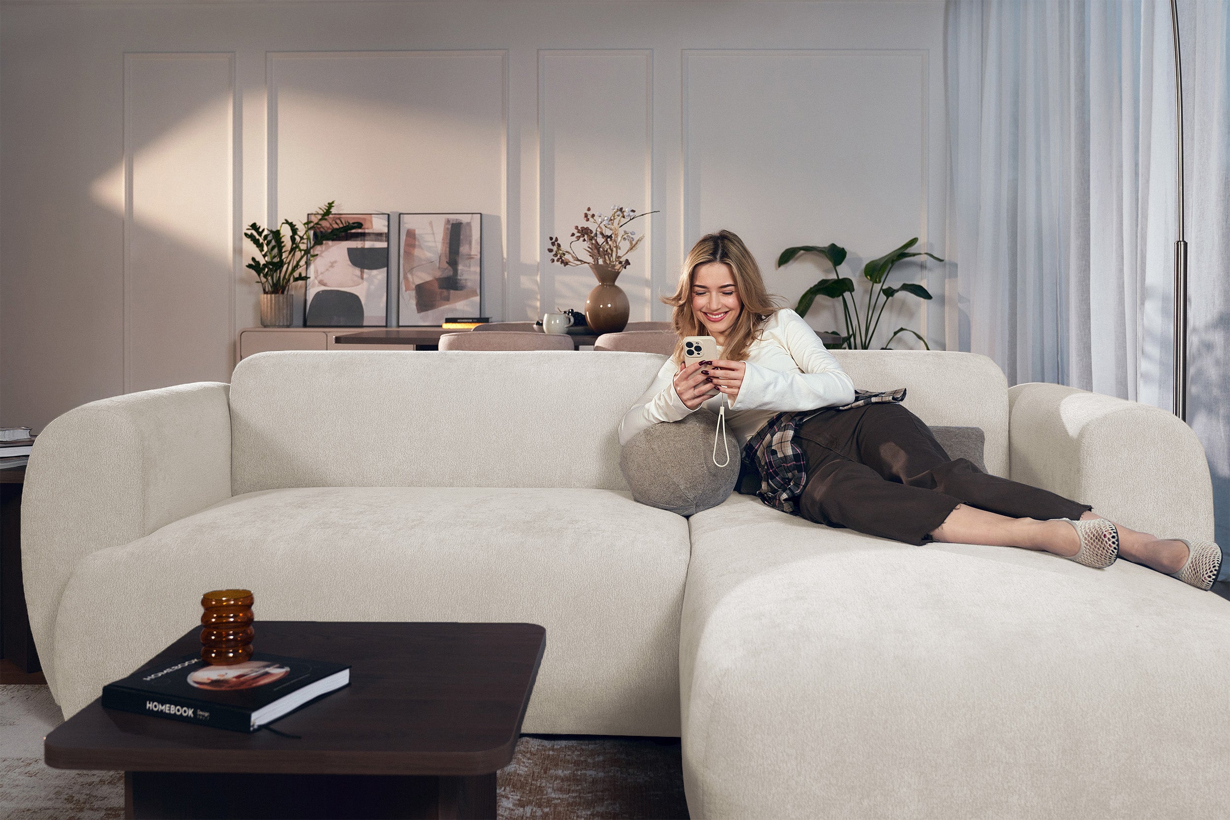 Ecksofa mit Schlaffunktion Emia, L-Form, rechtsseitig, beige Chenille